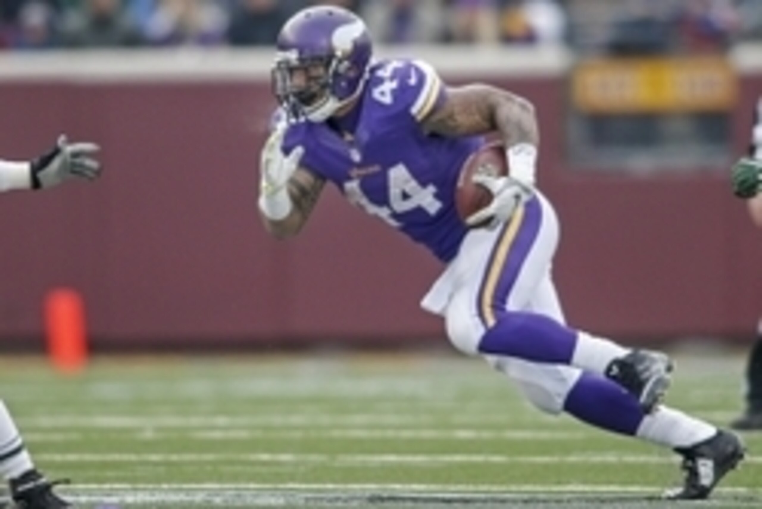 Dec 7, 2014; Minneapolis, MN, USA; Minnesota Vikings running back Matt Asiata (44) rushes against the New York Jets in the third quarter at TCF Bank Stadium. The Vikings win 30-24. Mandatory Credit: Bruce Kluckhohn-USA TODAY Sports Dec 7, 2014; Minneapolis, MN, USA; Minnesota Vikings running back Matt Asiata (44) rushes against the New York Jets in the third quarter at TCF Bank Stadium. The Vikings win 30-24. Mandatory Credit: Bruce Kluckhohn-USA TODAY Sports