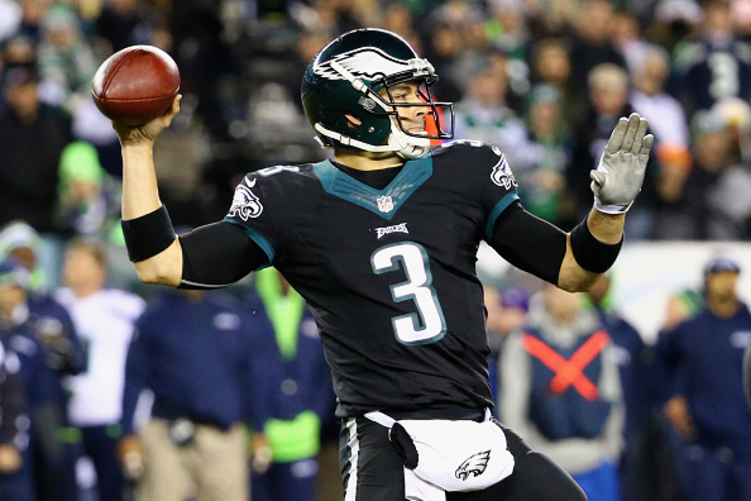 PHILADELPHIA, PA - DECEMBER 07:  Quarterback  Mark Sanchez #3 of the Philadelphia Eagles throws a pass against the Seattle Seahawks at Lincoln Financial Field on December 7, 2014 in Philadelphia, Pennsylvania. The Seahawks won 24-14.  (Photo by Al Bello/G