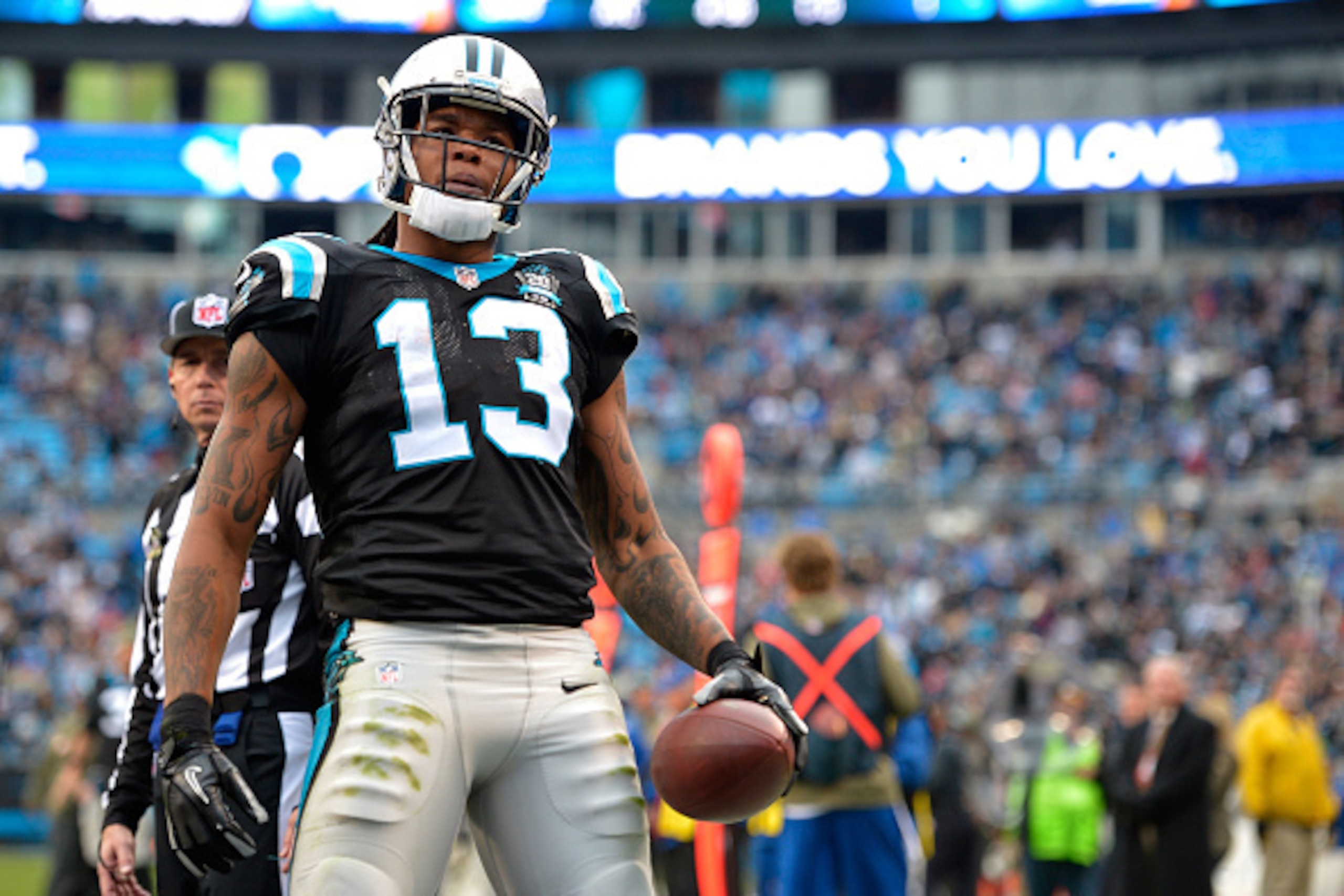 CHARLOTTE, NC - NOVEMBER 16:  Kelvin Benjamin #13 of the Carolina Panthers celebrates his 4th quarter touchdown reception against the Atlanta Falcons during their game at Bank of America Stadium on November 16, 2014 in Charlotte, North Carolina.  (Photo b