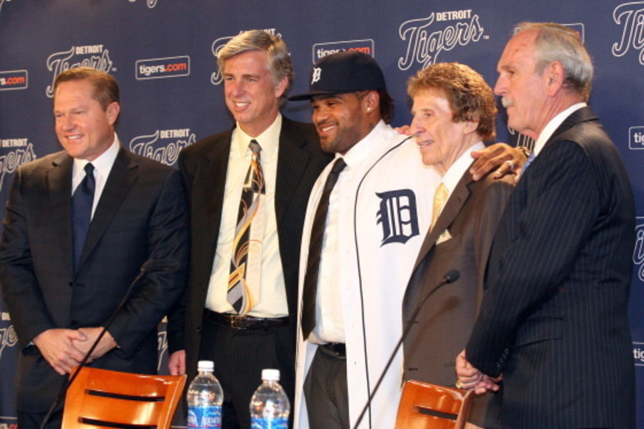 DETROIT, MI - JANUARY 26:  (L-R) Agent Scott Boras, CEO and general manager Dave Dombrowski of the Detroit Tigers, Prince Fielder, owner Mike Ilitch and manager Jim Leyland pose during a press conference amnnouncing the signing of Fielder at Comerica Park