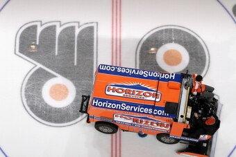 PHILADELPHIA, PA - MARCH 26:  A view of the Zamboni resurfacing the ice during a game between the Philadelphia Flyers and the New York Rangers on March 26, 2013 at the Wells Fargo Center in Philadelphia, Pennsylvania.  (Photo by Len Redkoles/NHLI via Gett