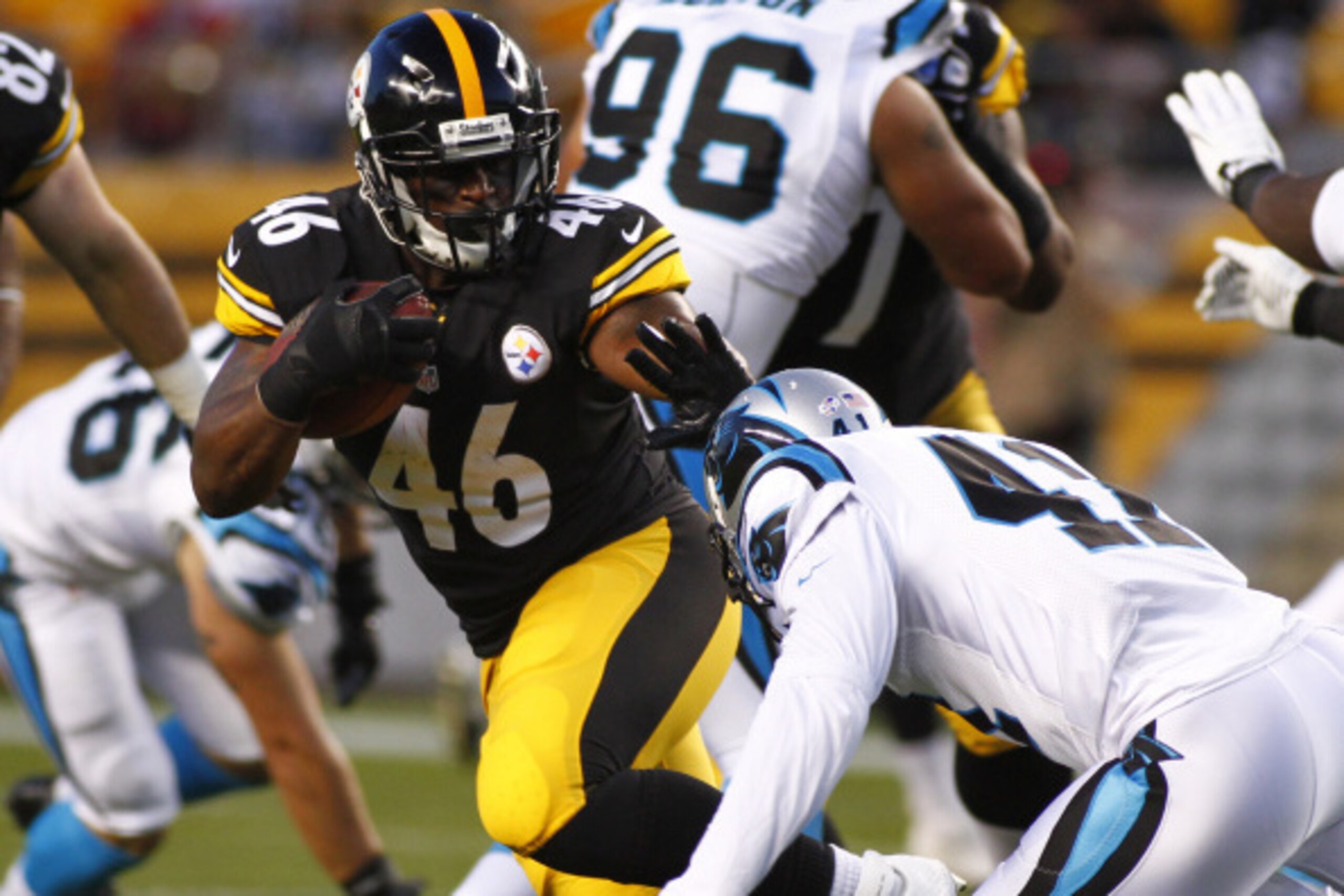 PITTSBURGH, PA - AUGUST 28: Will Johnson #46 of the Pittsburgh Steelers carries the ball during the 2nd quarter of a game against the Carolina Panthers at Heinz Field on August 28, 2014 in Pittsburgh, Pennsylvania. (Photo by Justin K. Aller/Getty Images) PITTSBURGH, PA - AUGUST 28: Will Johnson #46 of the Pittsburgh Steelers carries the ball during the 2nd quarter of a game against the Carolina Panthers at Heinz Field on August 28, 2014 in Pittsburgh, Pennsylvania. (Photo by Justin K. Aller/Getty Images)