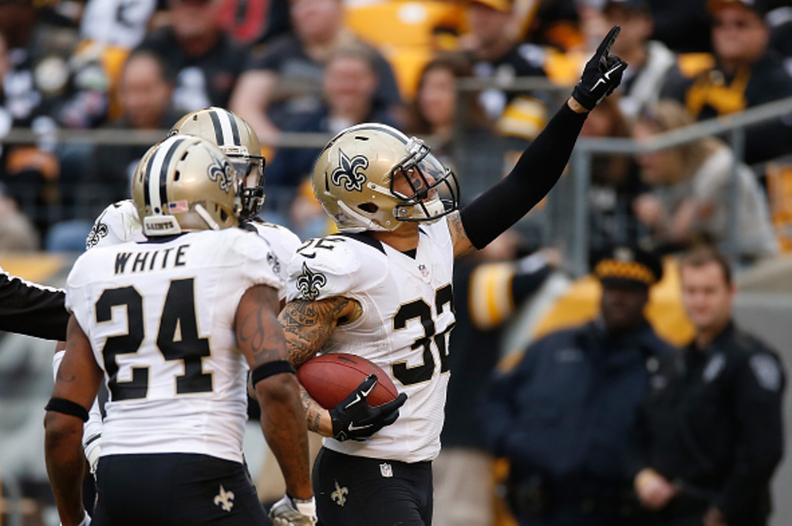 PITTSBURGH, PA - NOVEMBER 30:  Kenny Vaccaro #32 of the New Orleans Saints celebrates after intercepting a pass during the second quarter against the Pittsburgh Steelers at Heinz Field on November 30, 2014 in Pittsburgh, Pennsylvania.  (Photo by Gregory S