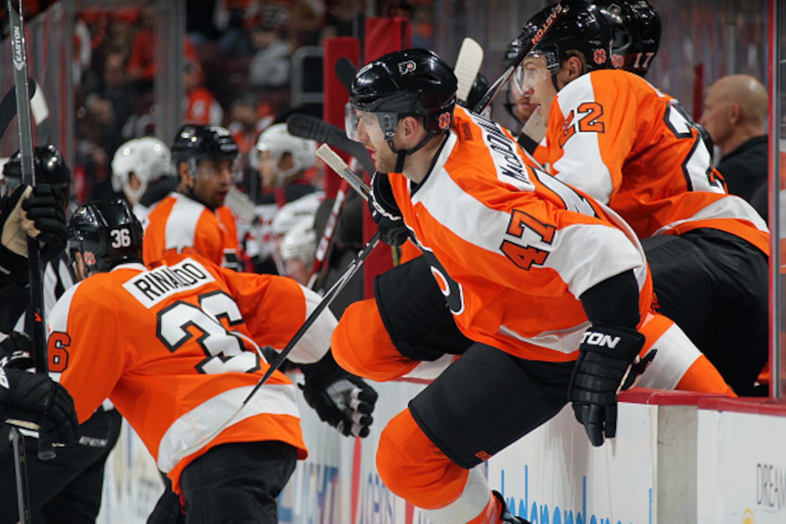 PHILADELPHIA, PA - DECEMBER 11:  Zac Rinaldo #36, Andrew MacDonald #47 and Luke Schenn #22 of the Philadelphia Flyers jump to the ice during a shift change against the New Jersey Devils on December 11, 2014 at the Wells Fargo Center in Philadelphia, Penns