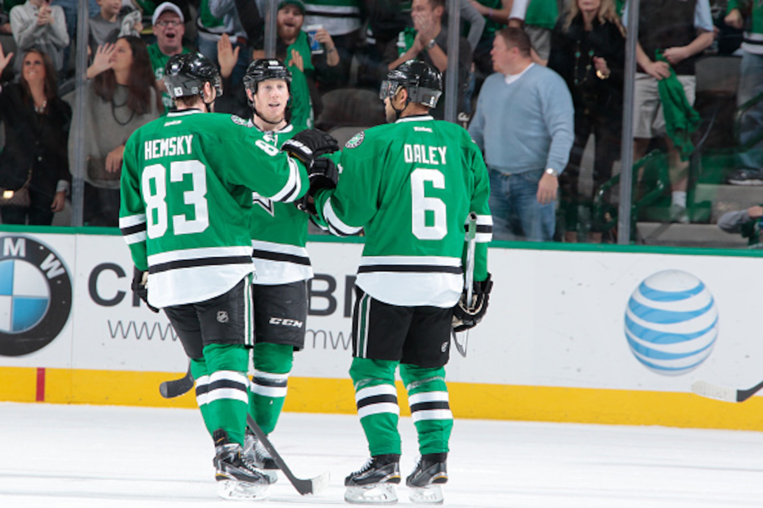 DALLAS, TX - DECEMBER 13: Trevor Daley #6, Ales Hemsky #83 and Cody Eakin #20 of the Dallas Stars celebrate a goal against the New Jersey Devils at the American Airlines Center on December 13, 2014 in Dallas, Texas. (Photo by Glenn James/NHLI via Getty Im