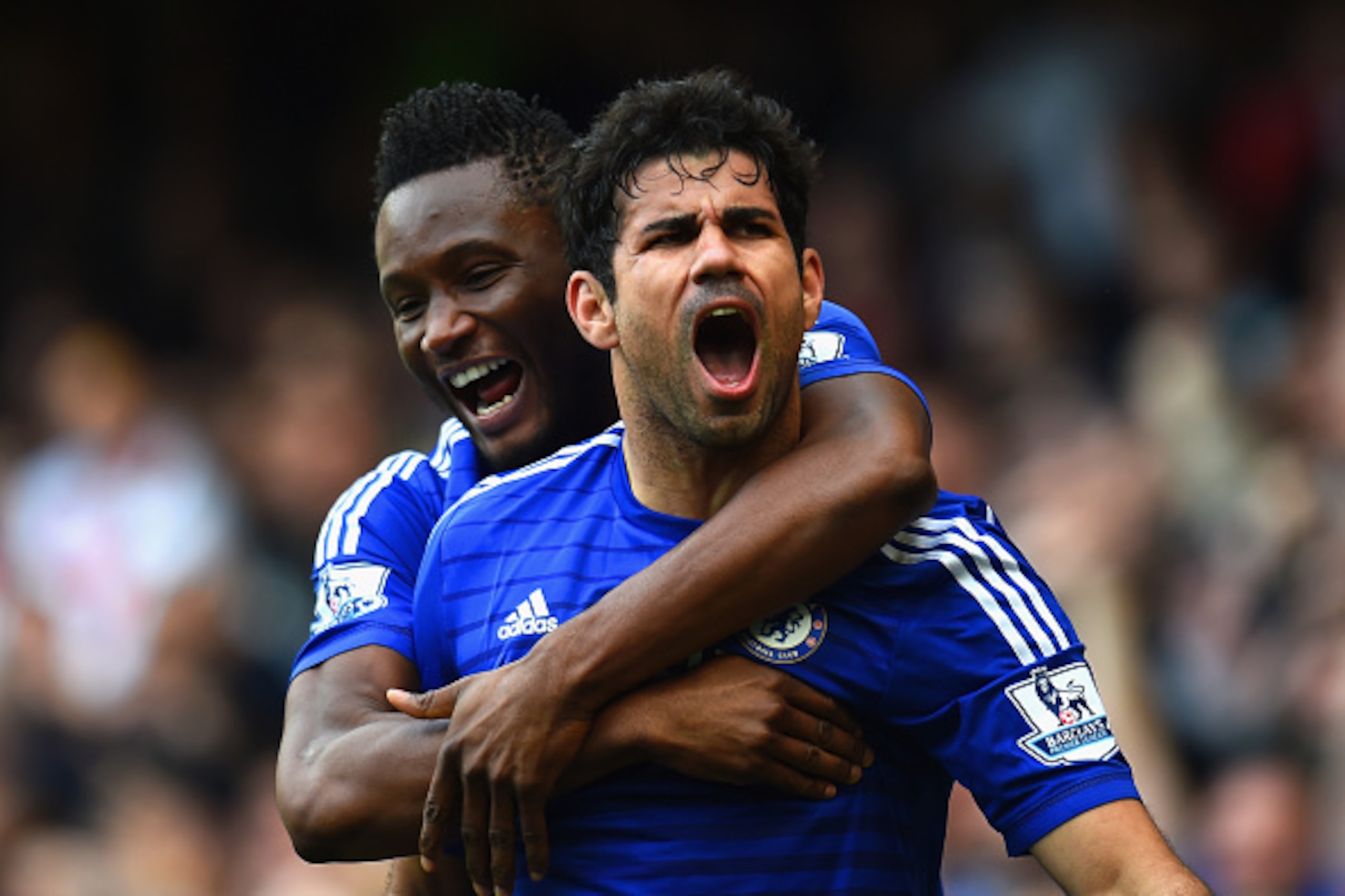 LONDON, ENGLAND - OCTOBER 05: Diego Costa of Chelsea celebrates scoring their second goal with John Obi Mikel of Chelsea during the Barclays Premier League match between Chelsea and Arsenal at Stamford Bridge on October 4, 2014 in London, England. (Phot LONDON, ENGLAND - OCTOBER 05: Diego Costa of Chelsea celebrates scoring their second goal with John Obi Mikel of Chelsea during the Barclays Premier League match between Chelsea and Arsenal at Stamford Bridge on October 4, 2014 in London, England. (Phot