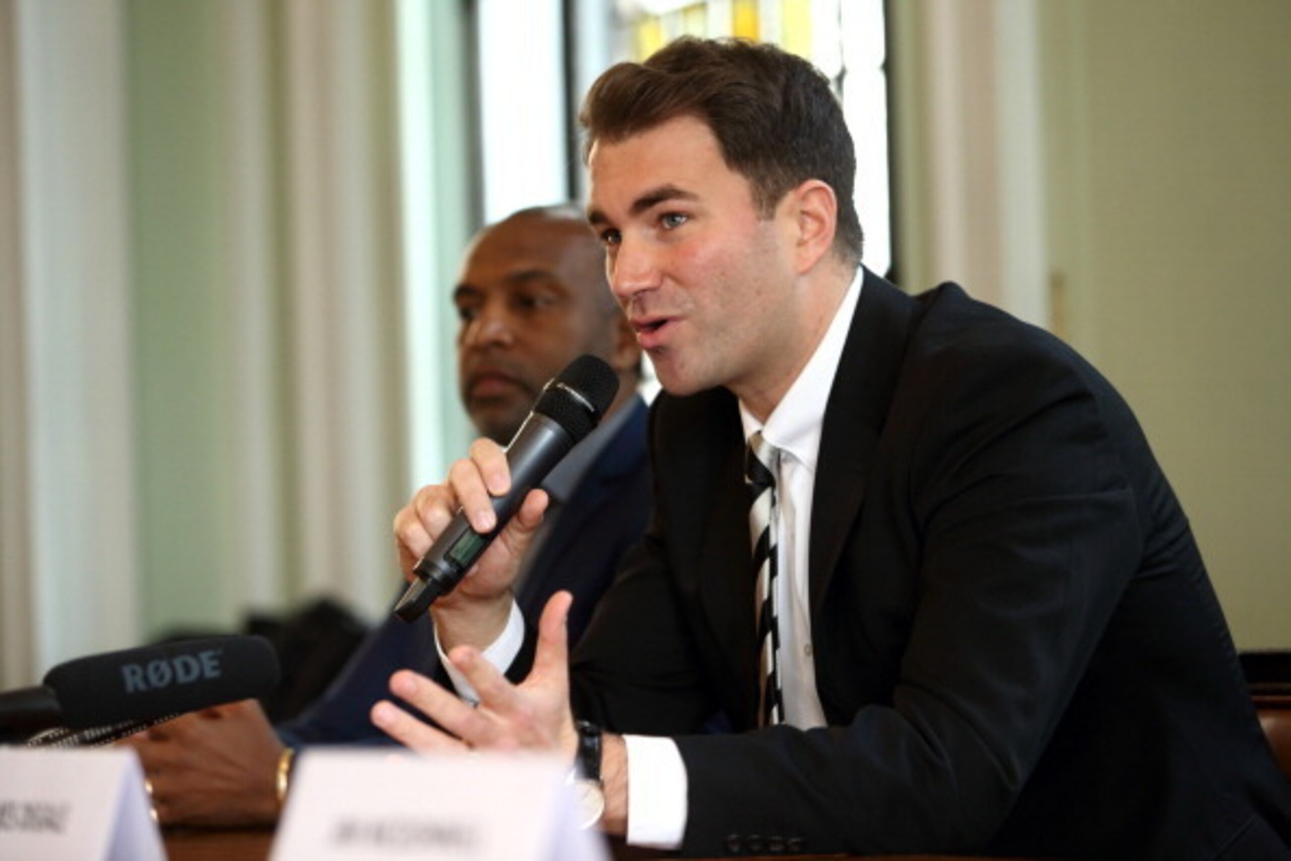 LONDON, ENGLAND - APRIL 10:  Eddie Hearn speaks at a press conference to announce that Matchroom Boxing has signed James DeGale at Trinity House on April 10, 2014 in London, England.  (Photo by Jordan Mansfield/Getty Images)