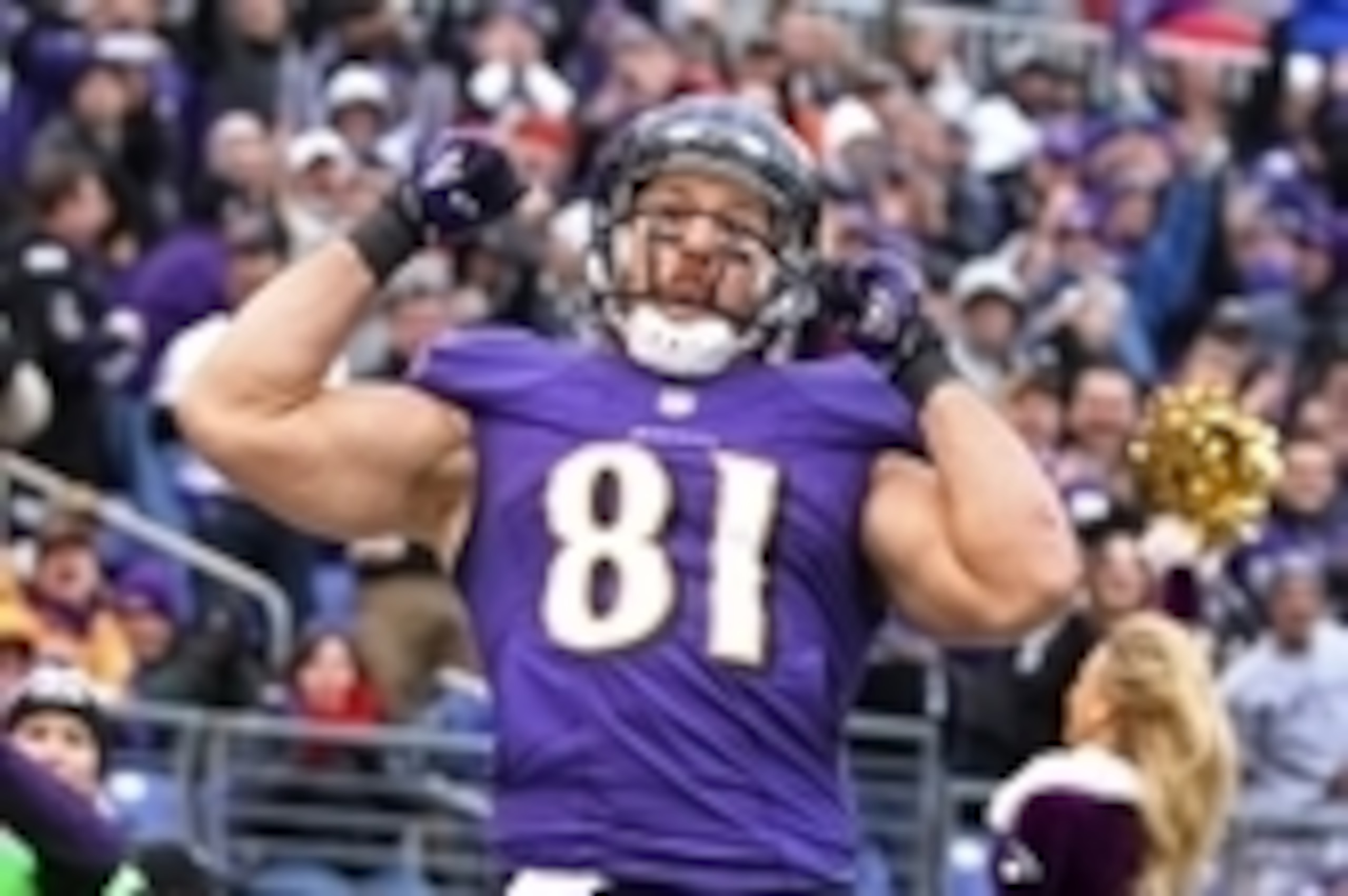 Dec 14, 2014; Baltimore, MD, USA; Baltimore Ravens tight end Owen Daniels (81) celebrates his touchdown catch against the Jacksonville Jaguars at M&T Bank Stadium. Mandatory Credit: Mitch Stringer-USA TODAY Sports