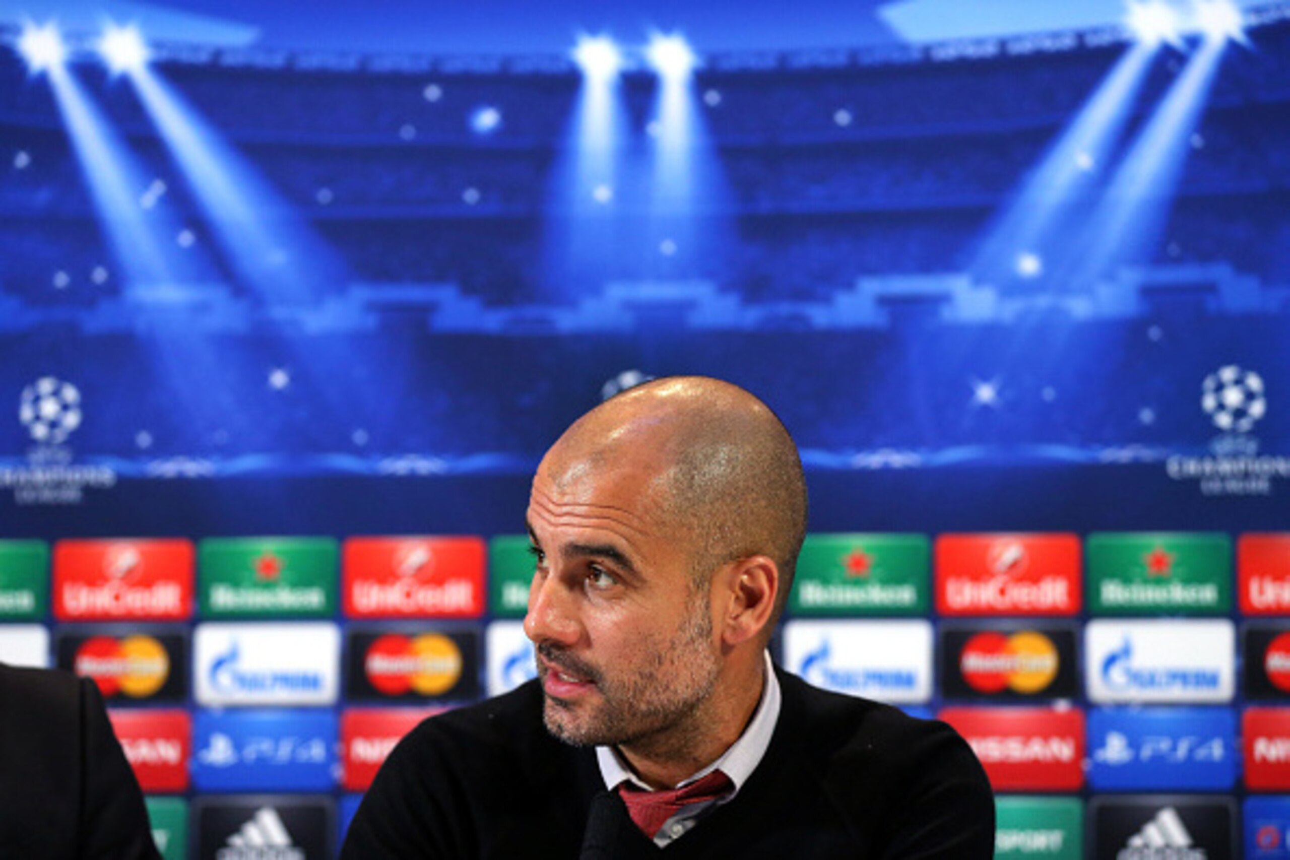 MANCHESTER, ENGLAND - NOVEMBER 24:  Pep Guardiola the coach of FC Bayern Muenchen faces the media during a press conference at the Lowry Hotel on November 24, 2014 in Manchester, United Kingdom.  (Photo by Alex Livesey/Getty Images)