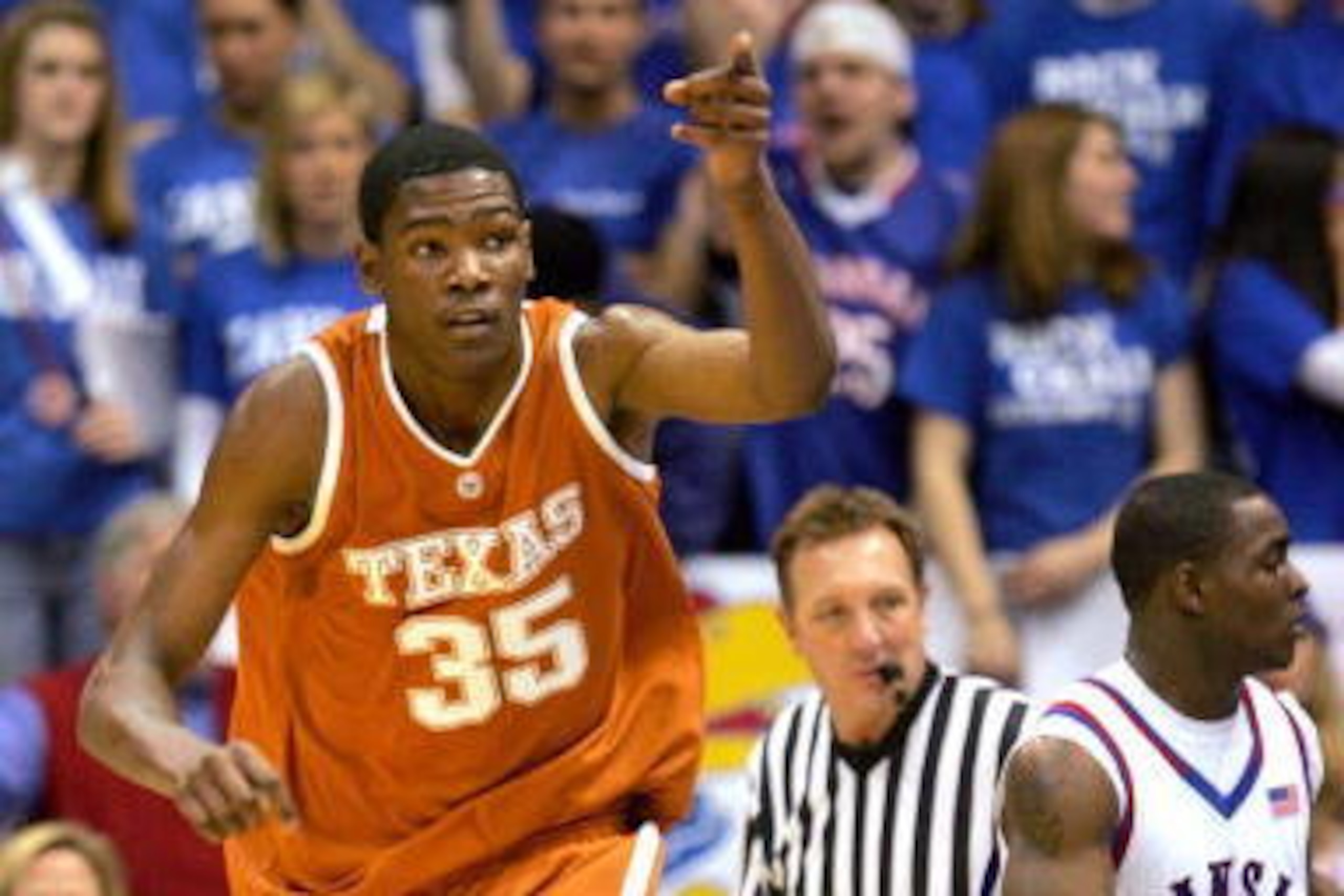 LAWRENCE, KS - MARCH 03:  Kevin Durant #35 of the Texas Longhorns celebrates after scoring in the second half of the game against the Kansas Jayhawks on March 3, 2007 at Allen Fieldhouse in Lawrence, Kansas.  (Photo by Jamie Squire/Getty Images)
