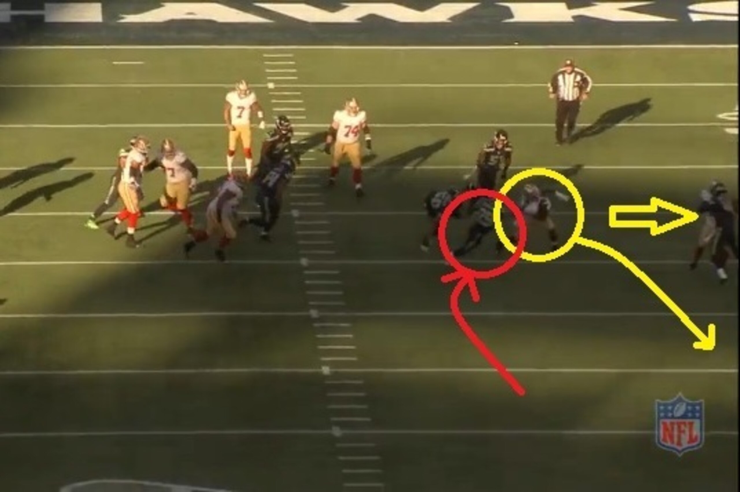 Earl Thomas (red) also misses a tackle. Hyde utilizes the exterior block (yellow arrow) to push into the secondary for a further gain.