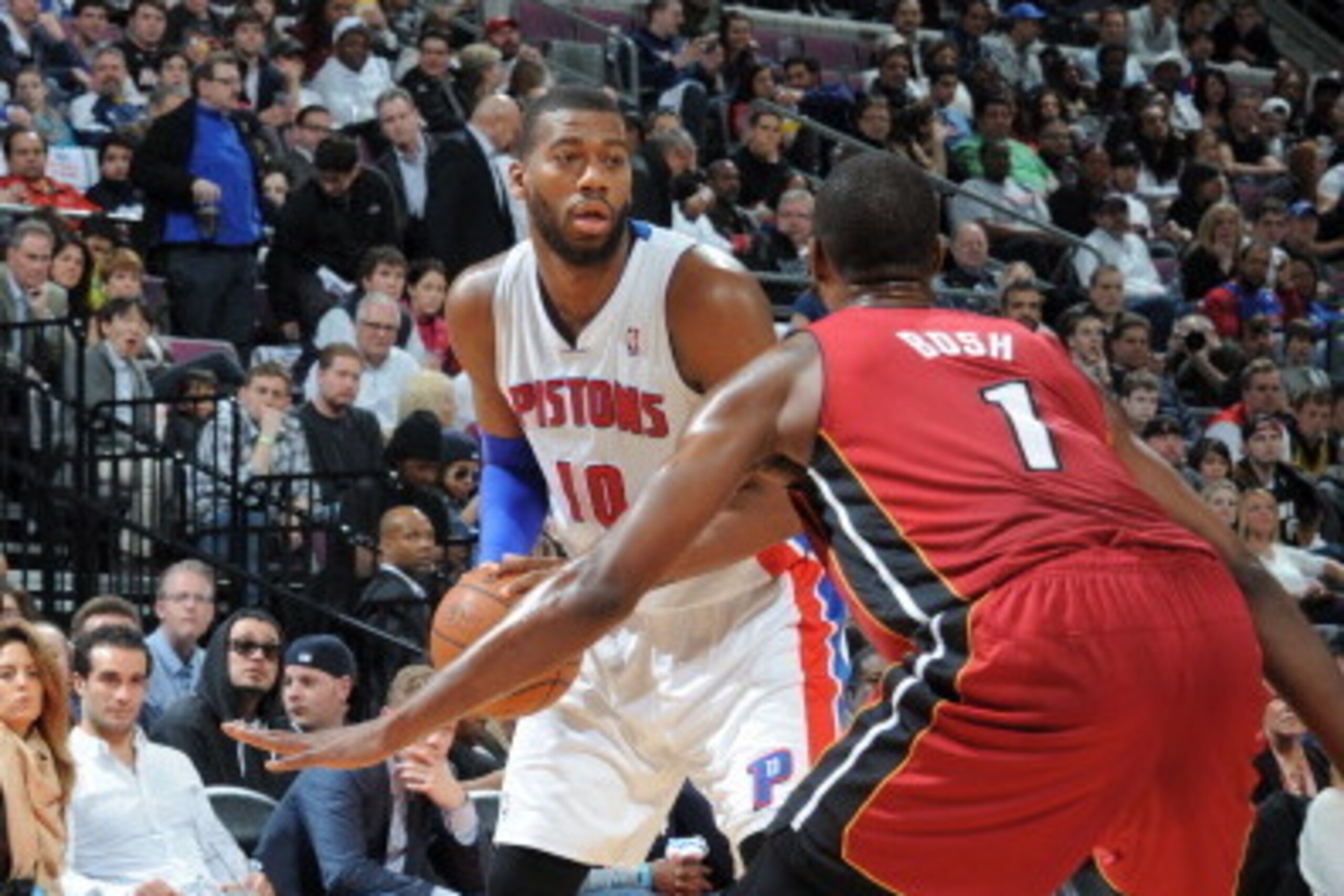 AUBURN HILLS, MI - MARCH 28: Greg Monroe #10 of the Detroit Pistons controls the ball against the Miami Heat on March 28, 2014 at The Palace of Auburn Hills in Auburn Hills, Michigan. NOTE TO USER: User expressly acknowledges and agrees that, by downloadi