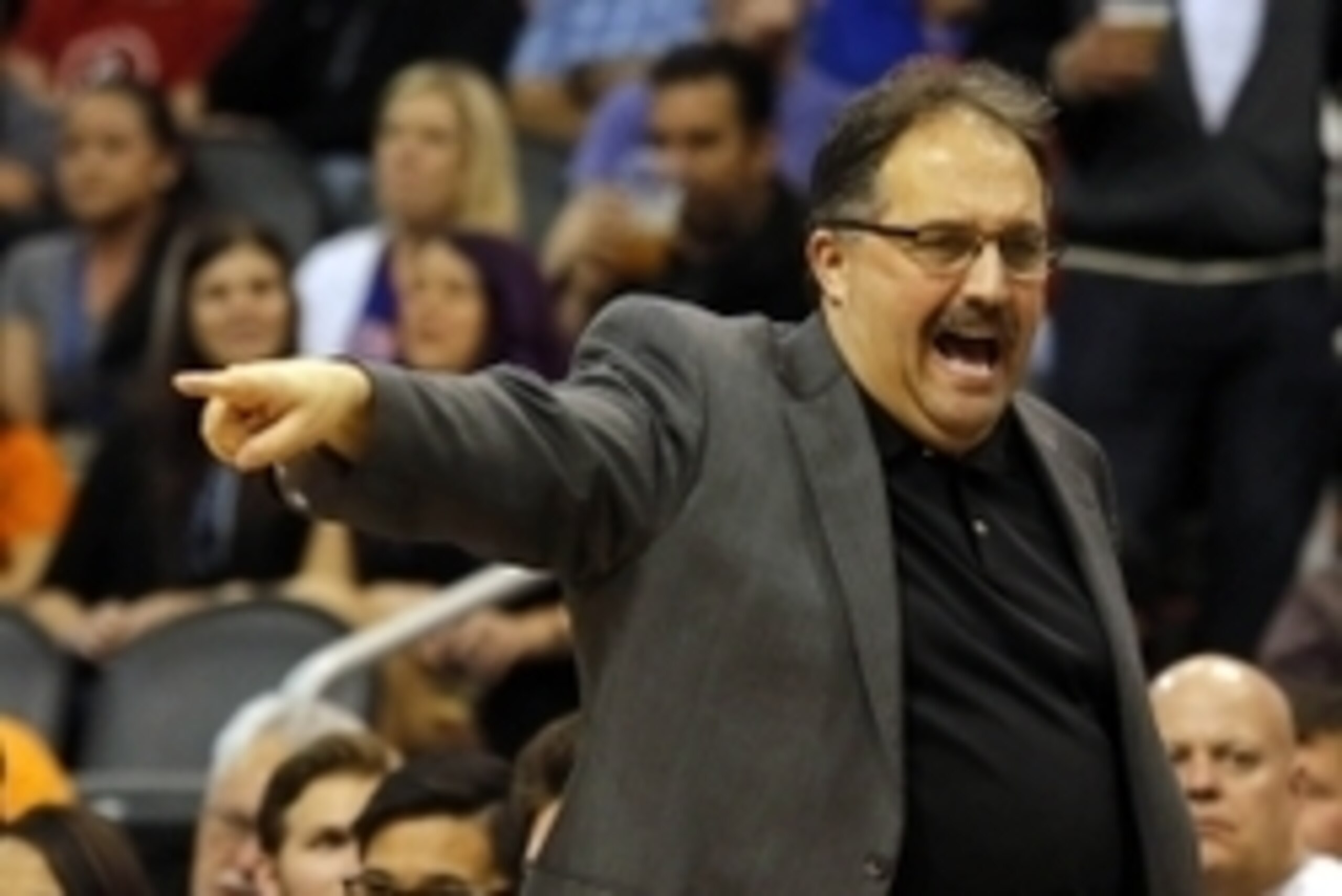 Dec 12, 2014; Phoenix, AZ, USA; Detroit Pistons head coach Stan Van Gundy reacts to a call during the first quarter against the Phoenix Suns at US Airways Center. Mandatory Credit: Rick Scuteri-USA TODAY Sports