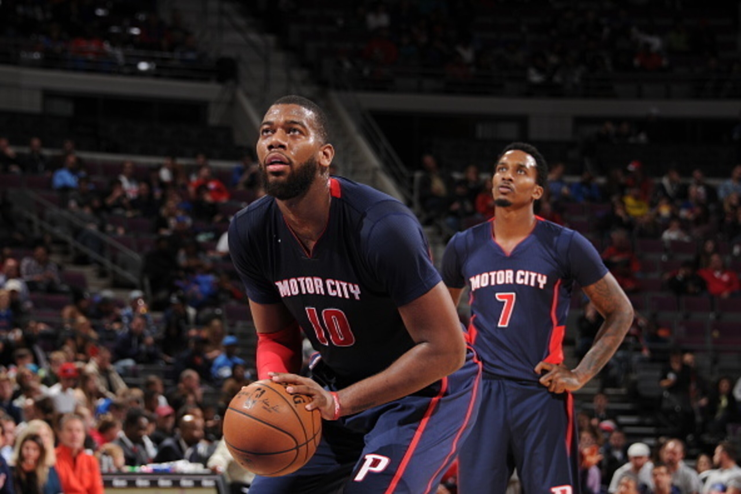 AUBURN HILLS, MI - NOVEMBER 9:  Greg Monroe #10 of the Detroit Pistons takes a free throw against the Utah Jazz during the game on November 9, 2014 at The Palace of Auburn Hills in Auburn Hills, Michigan. NOTE TO USER: User expressly acknowledges and agre