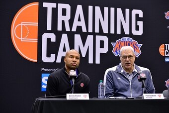 TARRYTOWN, NY - SEPTEMBER 26:  New York Knicks Head Coach Derek Fisher and Team President Phil Jackson talk to the media on September 26, 2014 in Tarrytown, New York. NOTE TO USER: User expressly acknowledges and agrees that, by downloading and/or using t