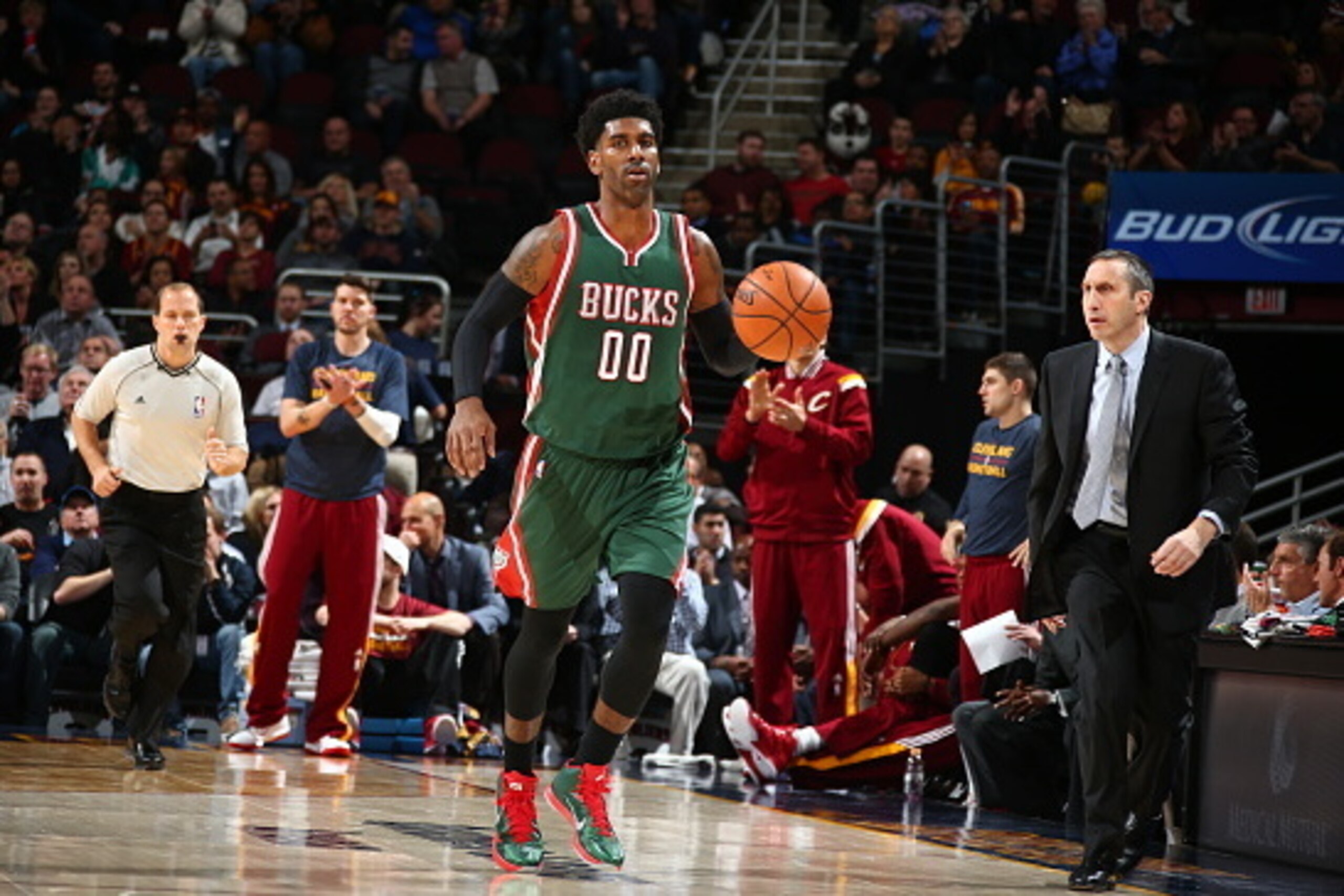 CLEVELAND, OH - DECEMBER 2:  O.J. Mayo #00 of the Milwaukee Bucks handles the ball against the Cleveland Cavaliers during the game on December 2, 2014 at Quicken Loans Arena in Cleveland. Ohio.  NOTE TO USER: User expressly acknowledges and agrees that, b