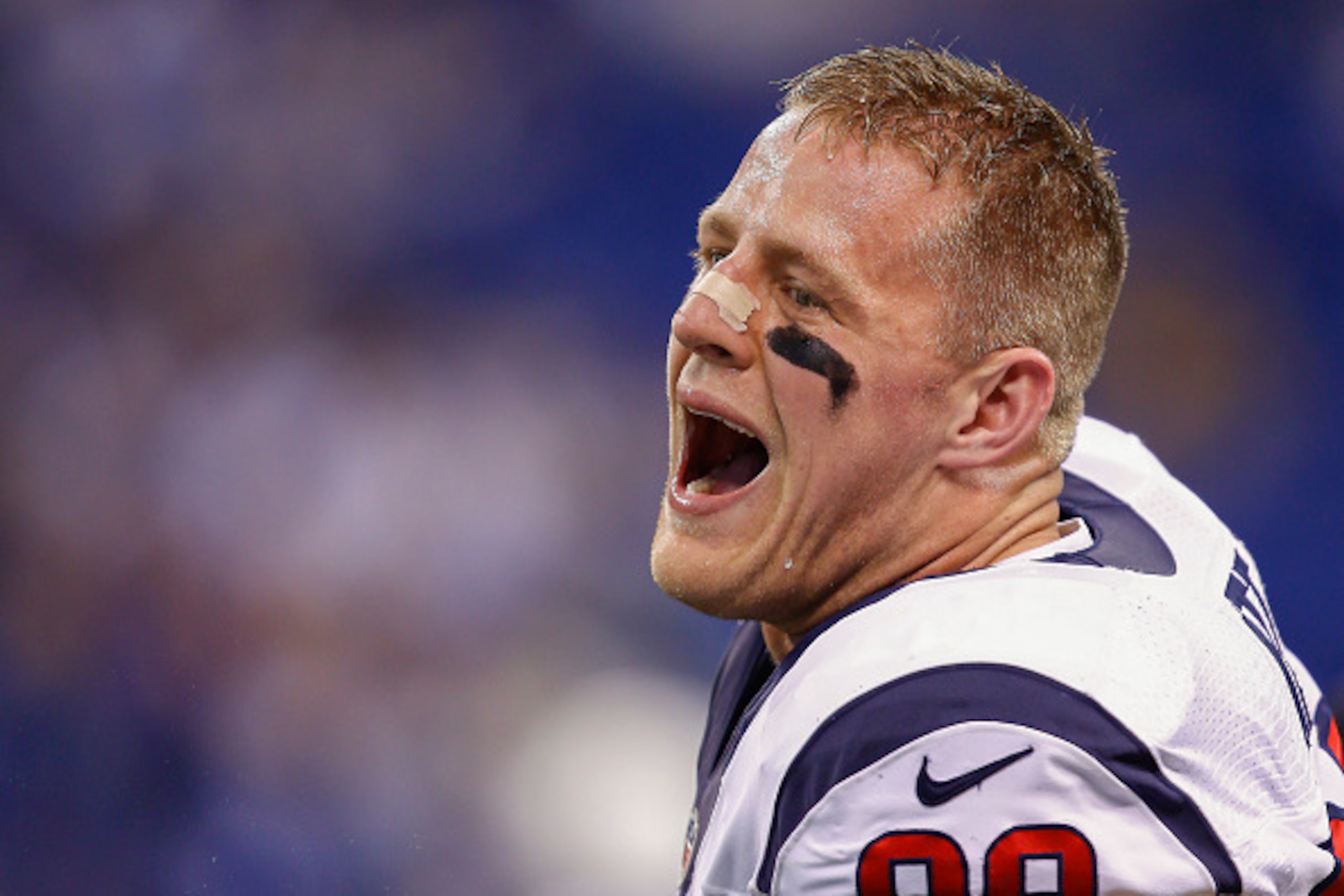 INDIANAPOLIS, IN - DECEMBER  14: J.J. Watt #99 of the Houston Texans seen during warm ups before the game against the Indianapolis Colts at Lucas Oil Stadium on December 14, 2014 in Indianapolis, Indiana. (Photo by Michael Hickey/Getty Images)