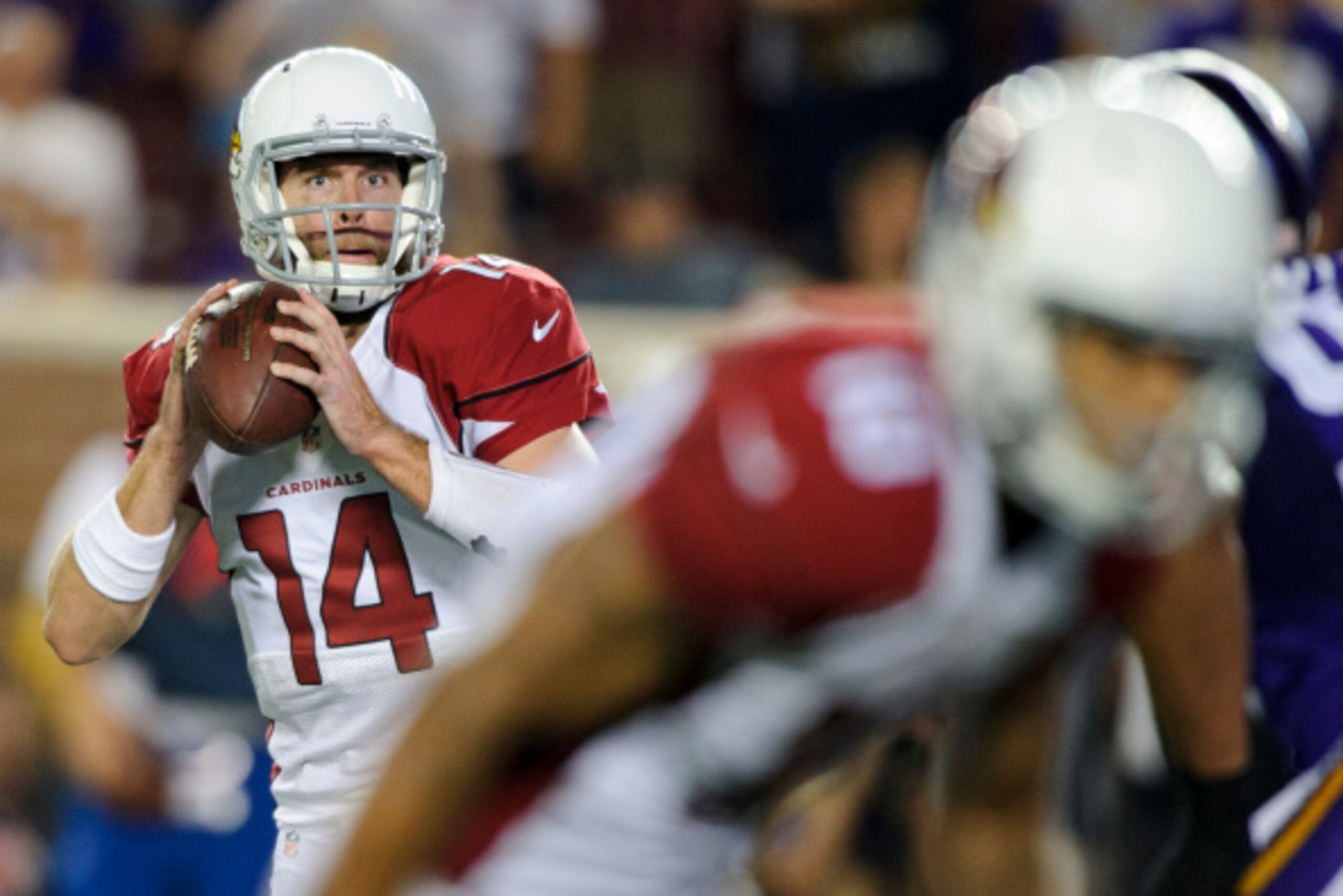 MINNEAPOLIS, MN - AUGUST 16: Ryan Lindley #14 of the Arizona Cardinals passes the ball against the Minnesota Vikings during the game on August 16, 2014 at TCF Bank Stadium in Minneapolis, Minnesota. The Vikings defeated the Cardinals 30-28. (Photo by Hann