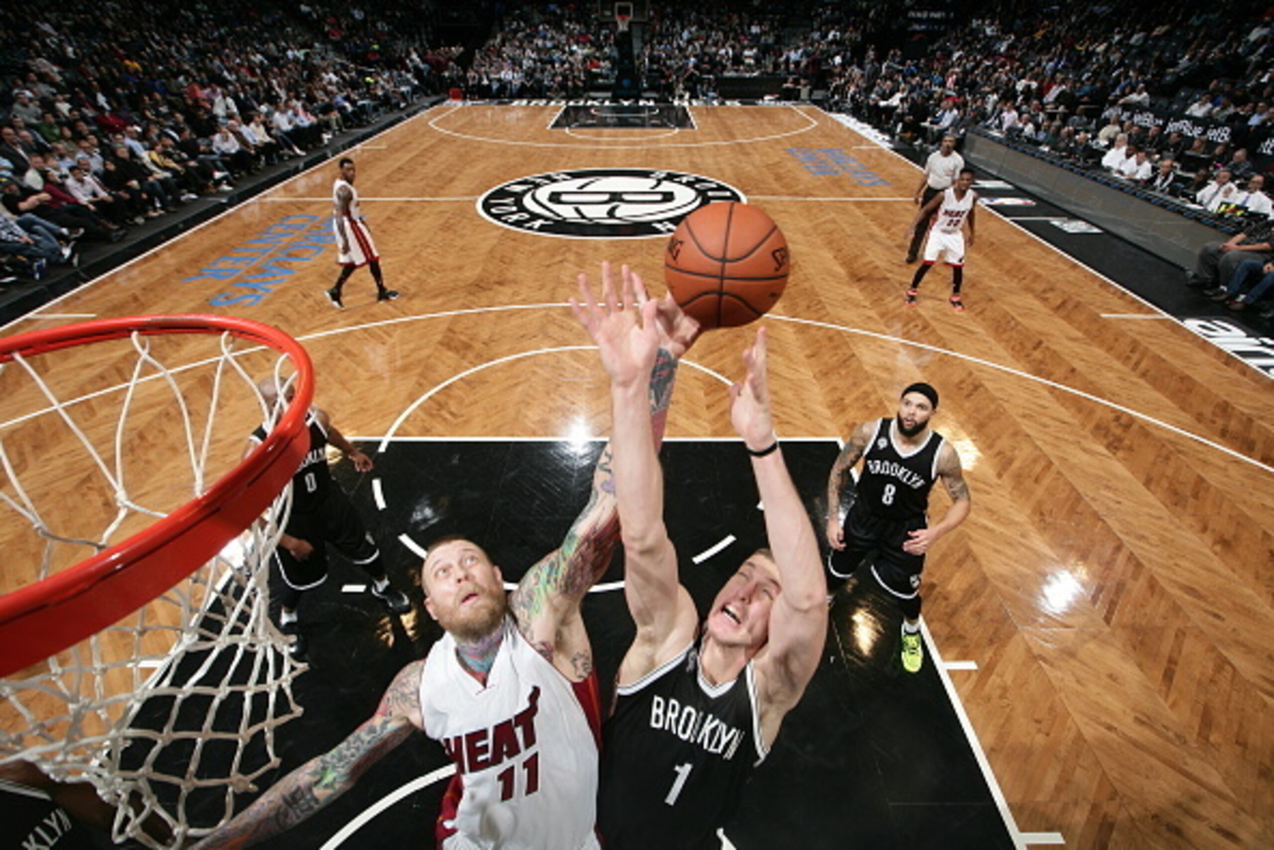 BROOKLYN, NY - DECEMBER 16: Chris Andersen #11 of the Miami Heat and Mason Plumlee #1 of the Brooklyn Nets go after a rebound during the game on December 16, 2014 at Barclays Center in Brooklyn, New York. NOTE TO USER: User expressly acknowledges and agr BROOKLYN, NY - DECEMBER 16: Chris Andersen #11 of the Miami Heat and Mason Plumlee #1 of the Brooklyn Nets go after a rebound during the game on December 16, 2014 at Barclays Center in Brooklyn, New York. NOTE TO USER: User expressly acknowledges and agr
