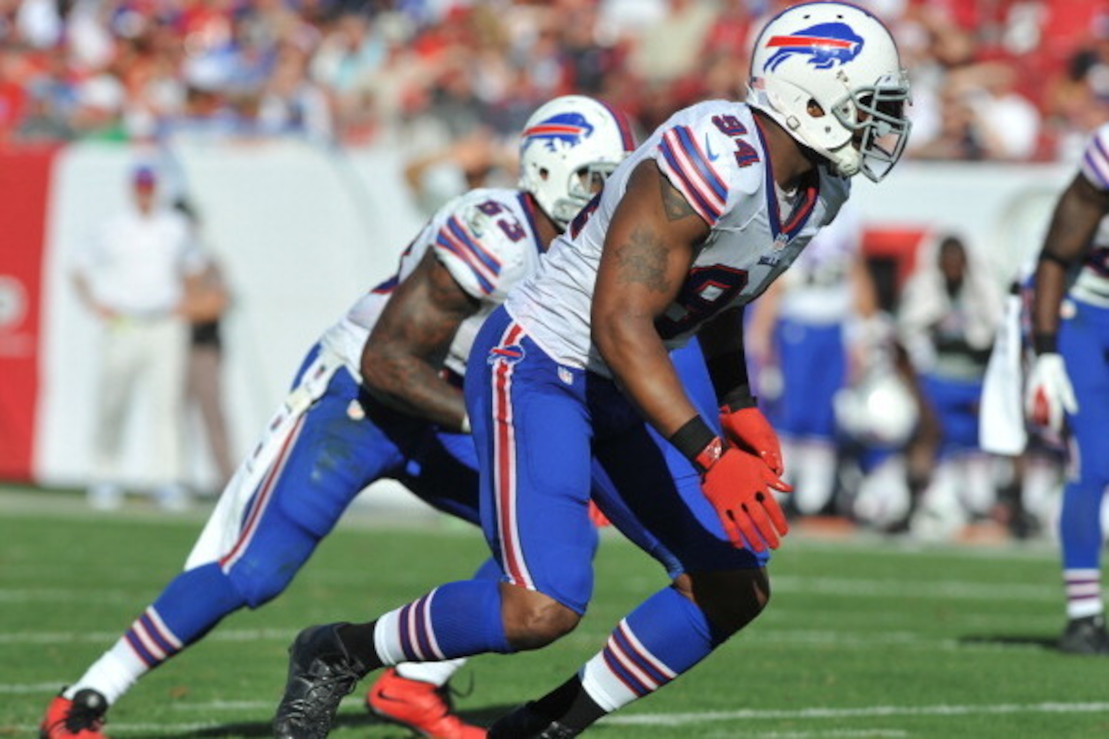 TAMPA, FL -  DECEMBER 8:  Defensive end Mario Williams #94 of the Buffalo Bills sets on defense against the Tampa Bay Buccaneers December 8, 2013 at Raymond James Stadium in Tampa, Florida. The Bucs won 27 - 6. (Photo by Al Messerschmidt/Getty Images)