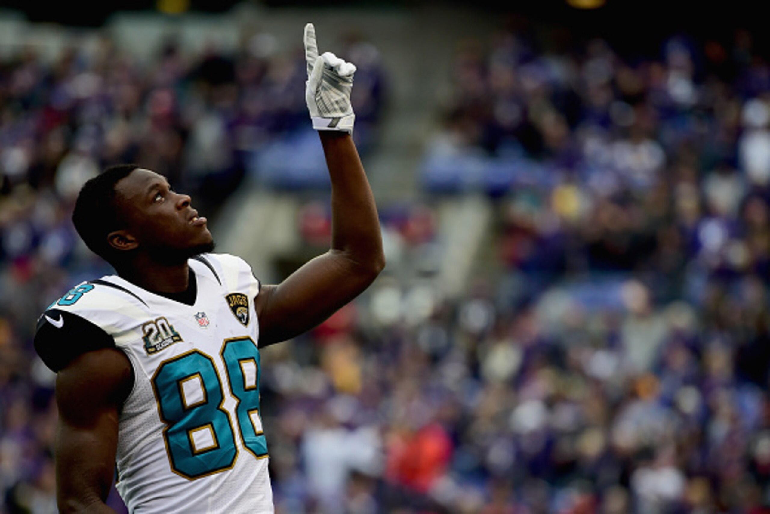 BALTIMORE, MD - DECEMBER 14: Wide receiver Allen Hurns #88 of the Jacksonville Jaguars points to the sky before a game against the Baltimore Ravens at M&T Bank Stadium on December 14, 2014 in Baltimore, Maryland.  (Photo by Patrick Smith/Getty Images)