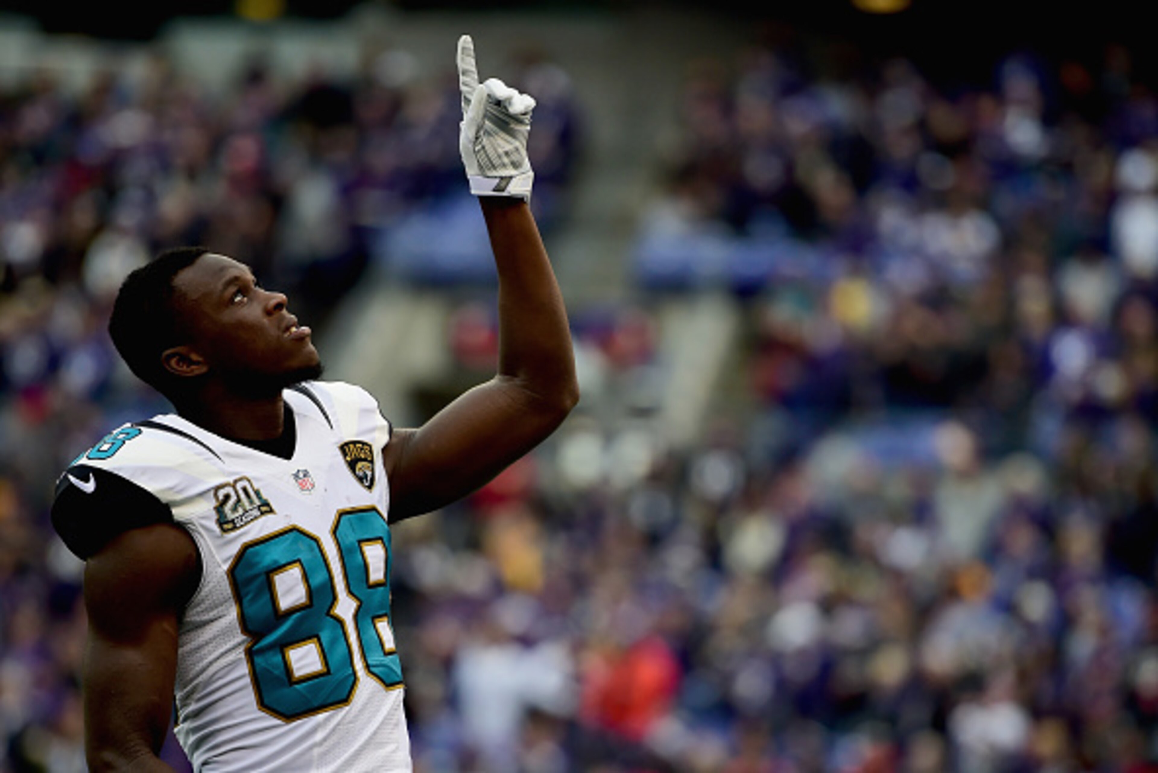 BALTIMORE, MD - DECEMBER 14: Wide receiver Allen Hurns #88 of the Jacksonville Jaguars points to the sky before a game against the Baltimore Ravens at M&T Bank Stadium on December 14, 2014 in Baltimore, Maryland.  (Photo by Patrick Smith/Getty Images)