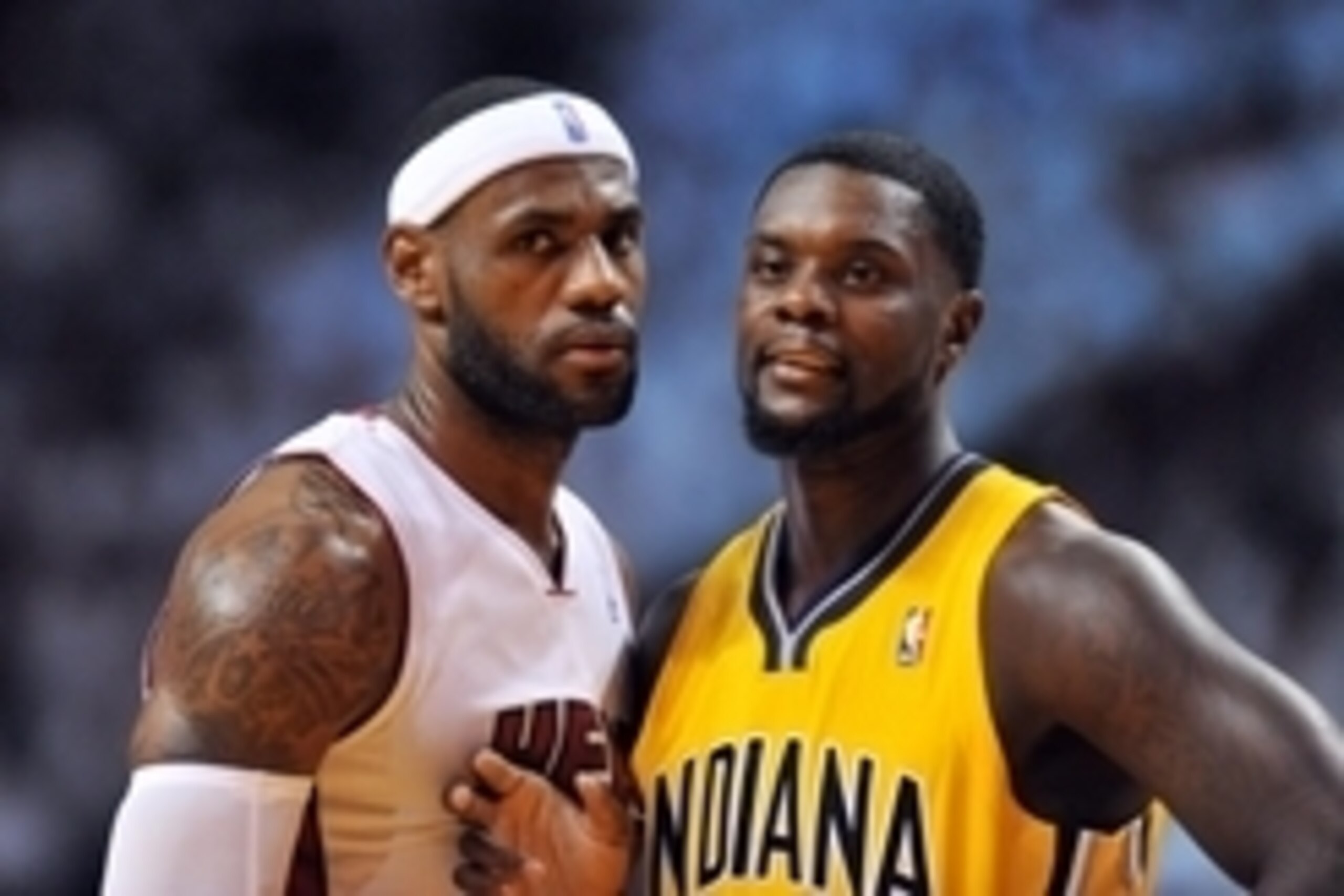 May 30, 2014; Miami, FL, USA; Miami Heat forward LeBron James (left) stands next to Indiana Pacers guard Lance Stephenson (right) during the first half in game six of the Eastern Conference Finals of the 2014 NBA Playoffs at American Airlines Arena. Manda