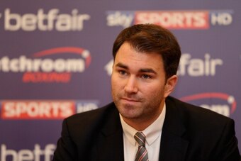 LONDON, ENGLAND - MARCH 11:  Eddie Hearn talks to the assembled media as he reveals Ricky Burns, the World Boxing Organisation lightweight champion, as his latest signing to the Matchroom Boxing stable at a press conference at the Grosvenor House Hotel on