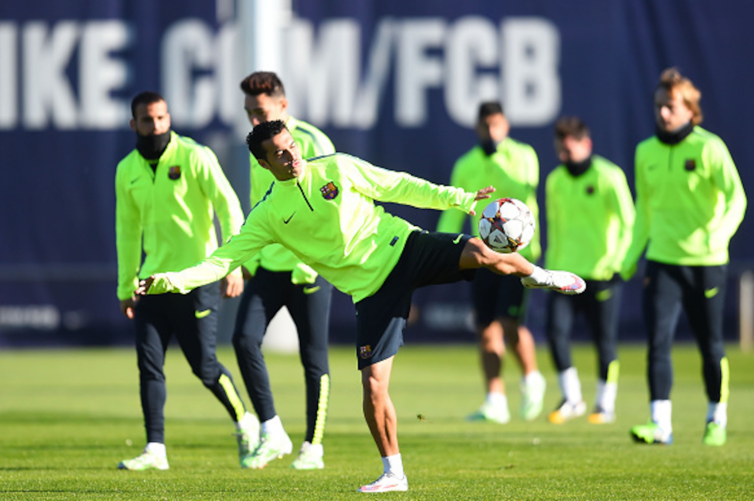 BARCELONA, SPAIN - DECEMBER 09:  Pedro Rodriguez of FC Barcelona kicks the ball during a training session ahead of their UEFA Champions League Group F match against Paris Saint-Germain FC at Ciutat Esportiva on December 9, 2014 in Barcelona, Spain.  (Phot