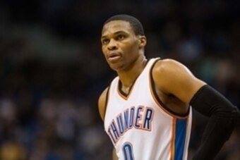 Dec 12, 2014; Minneapolis, MN, USA; Oklahoma City Thunder guard Russell Westbrook (0) looks on during the third quarter against the Minnesota Timberwolves at Target Center. The Thunder defeated the Timberwolves 111-92. Mandatory Credit: Brace Hemmelgarn-U