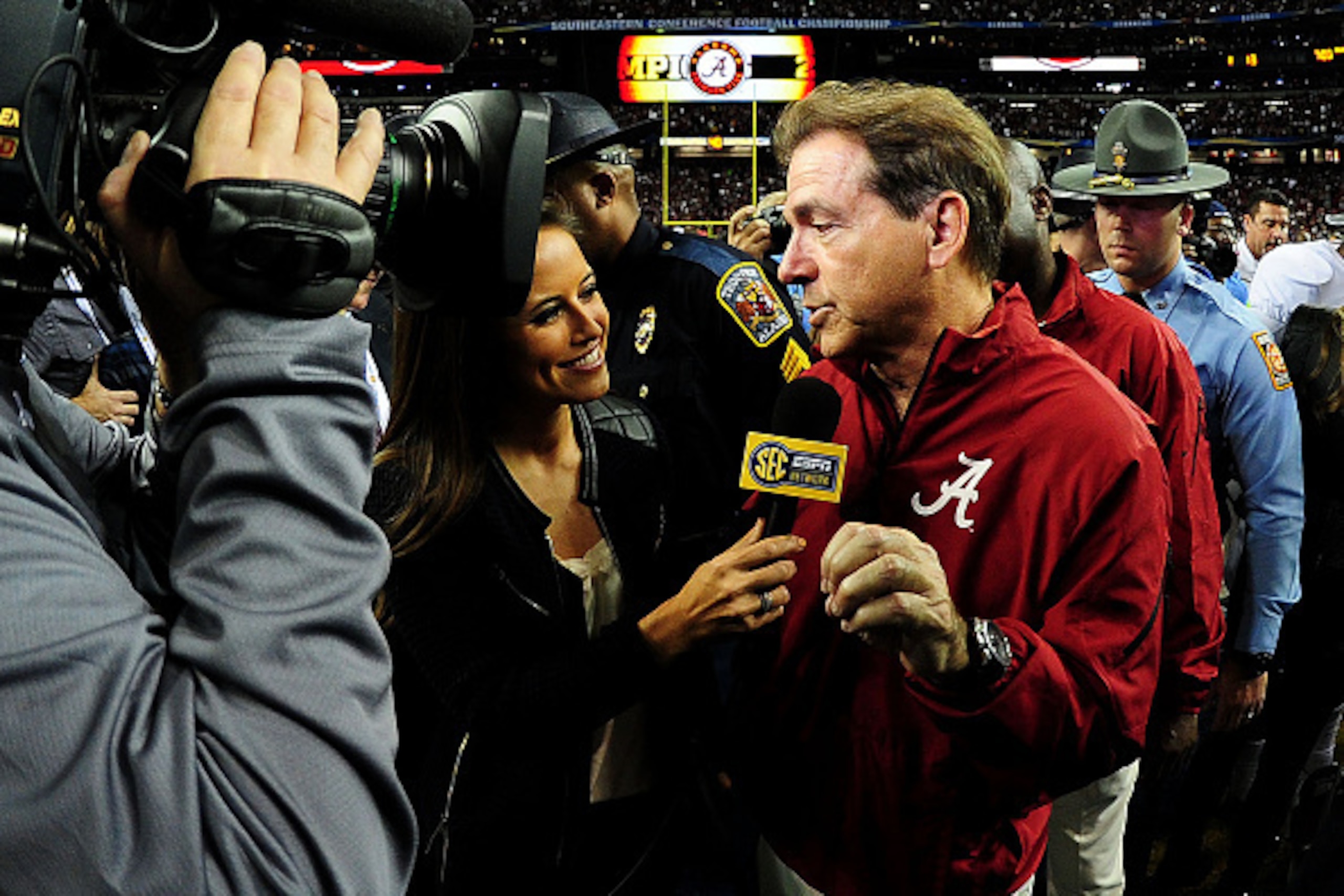 ATLANTA, GA - DECEMBER 06:  Head coach Nick Saban of the Alabama Crimson Tide is interviewed after their 42 to 13 win over the Missouri Tigers in the SEC Championship game at the Georgia Dome on December 6, 2014 in Atlanta, Georgia.  (Photo by Scott Cunni