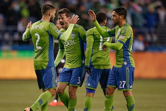 SEATTLE, WA - NOVEMBER 30:  Brad Evans #3 of the Seattle Sounders FC celebrates with teammates after scoring a goal against the Los Angeles Galaxy during the Western Conference Final at CenturyLink Field on November 30, 2014 in Seattle, Washington.  (Phot