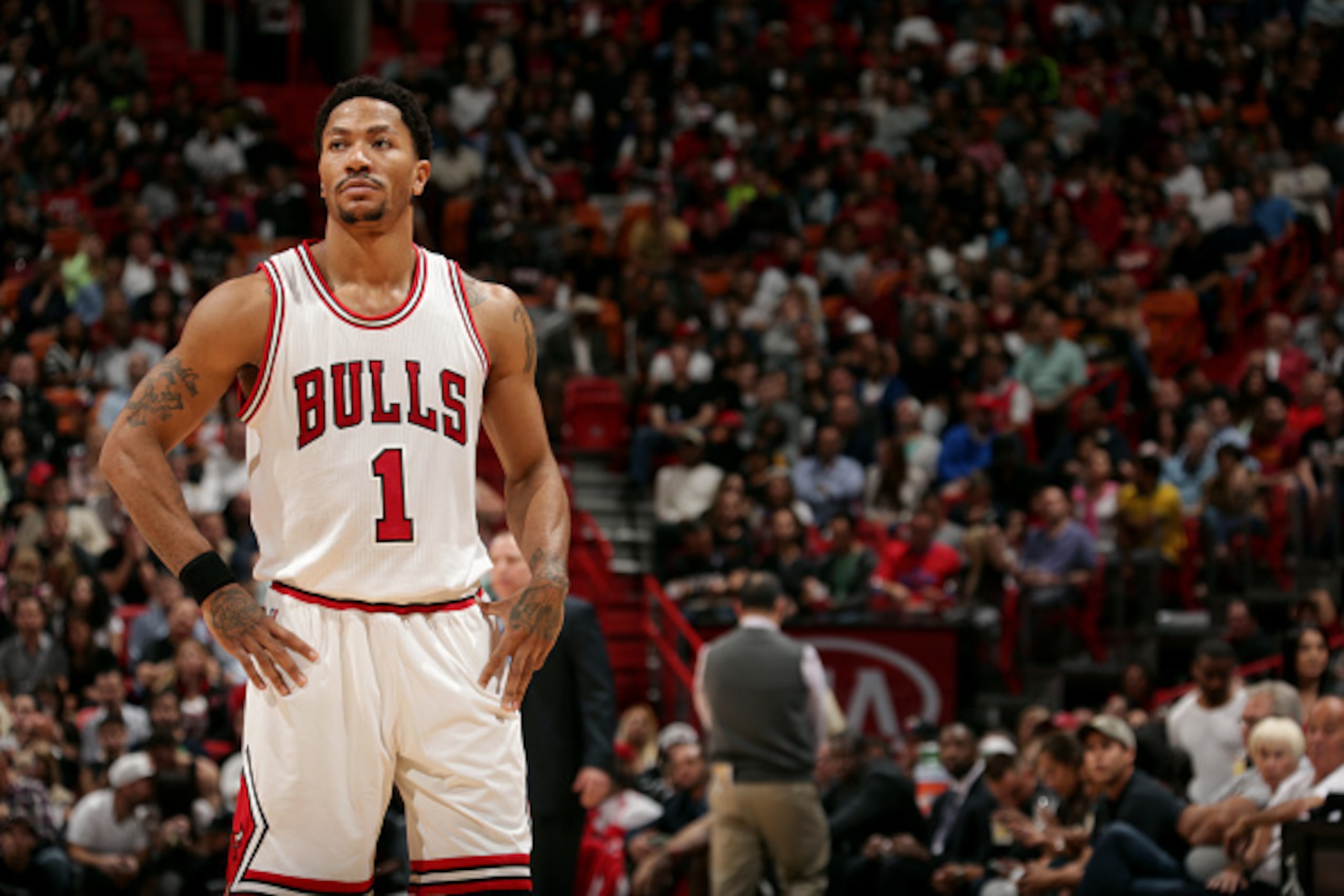 MIAMI, FL - December 14: Derrick Rose #1 of the Chicago Bulls stands on the court during a game against the Miami Heat on December 14, 2014 at American Airlines Arena in Miami, Florida. NOTE TO USER: User expressly acknowledges and agrees that, by downloa