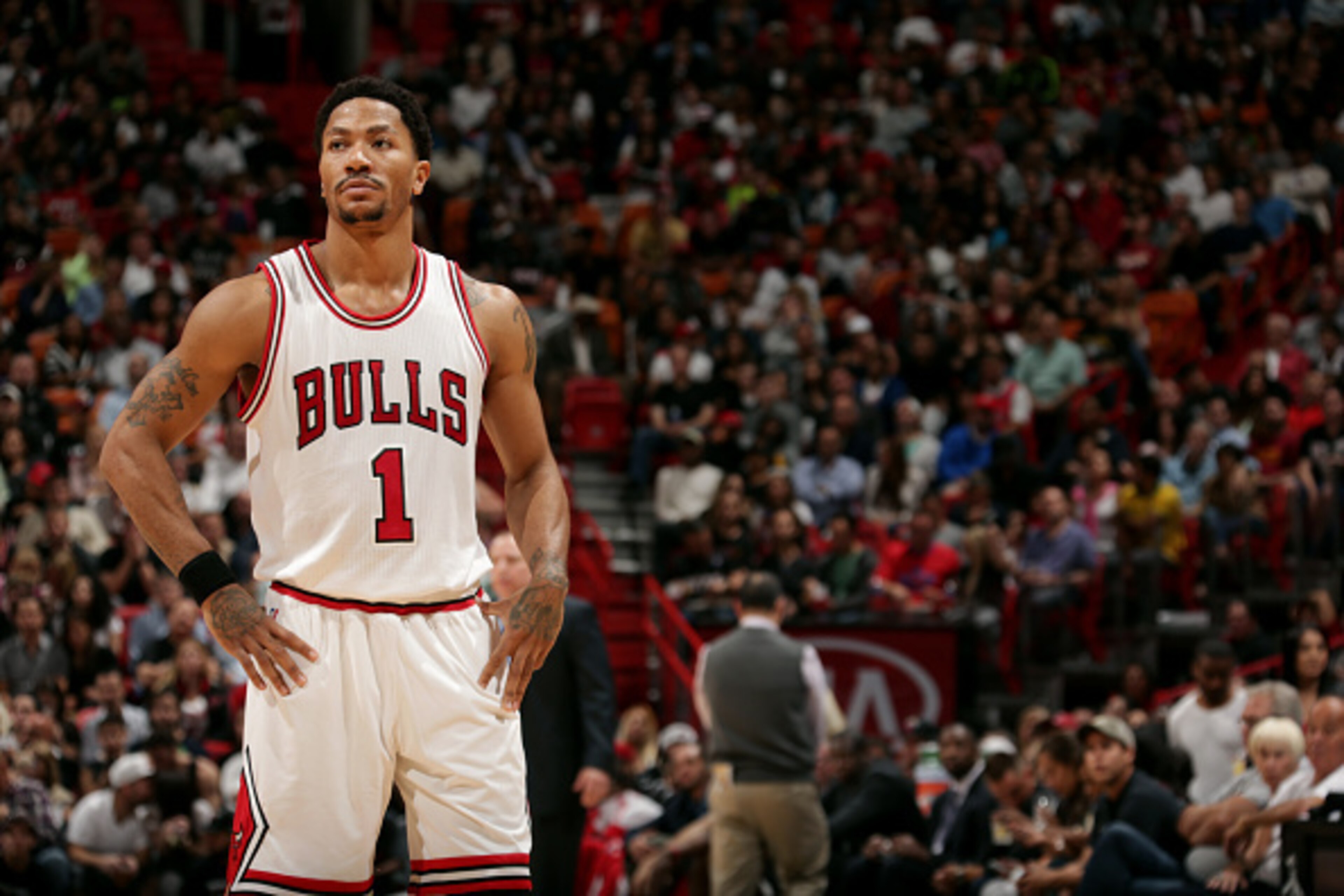 MIAMI, FL - December 14: Derrick Rose #1 of the Chicago Bulls stands on the court during a game against the Miami Heat on December 14, 2014 at American Airlines Arena in Miami, Florida. NOTE TO USER: User expressly acknowledges and agrees that, by downloa
