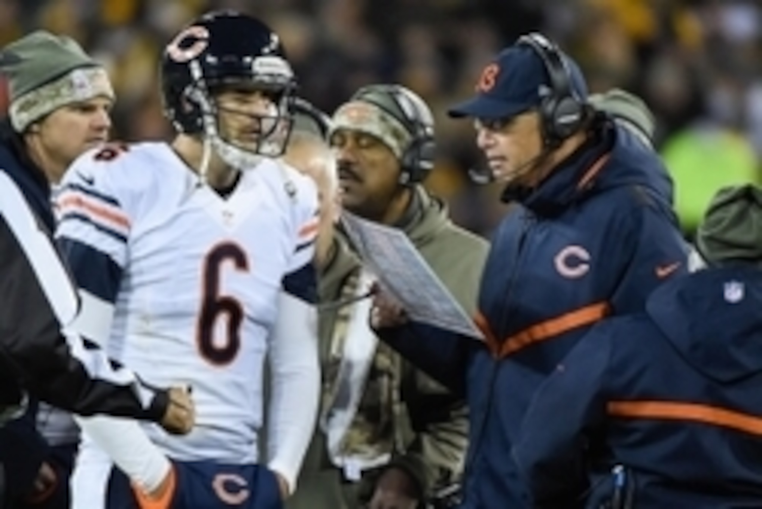 Nov 9, 2014; Green Bay, WI, USA;  Chicago Bears quarterback Jay Cutler (6) talks to head coach Marc Trestman in the second quarter during the game against the Green Bay Packers at Lambeau Field. Mandatory Credit: Benny Sieu-USA TODAY Sports