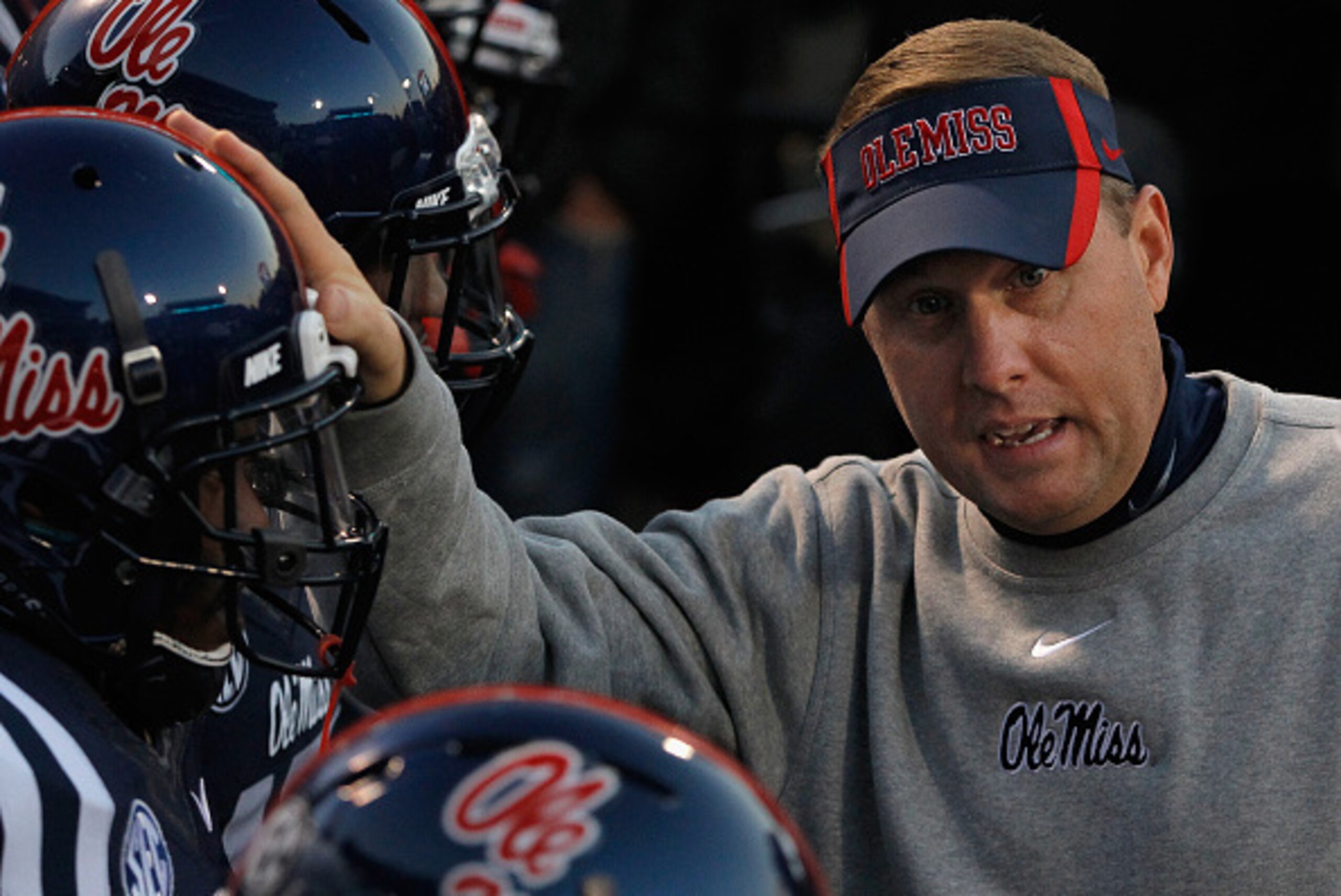 OXFORD, MS - NOVEMBER 01:  Head coach Hugh Freeze of the Mississippi Rebels prepares to lead his team against the Auburn Tigers at Vaught-Hemingway Stadium on November 1, 2014 in Oxford, Mississippi. Auburn defeated Mississippi 35-31.  (Photo by Doug Pens