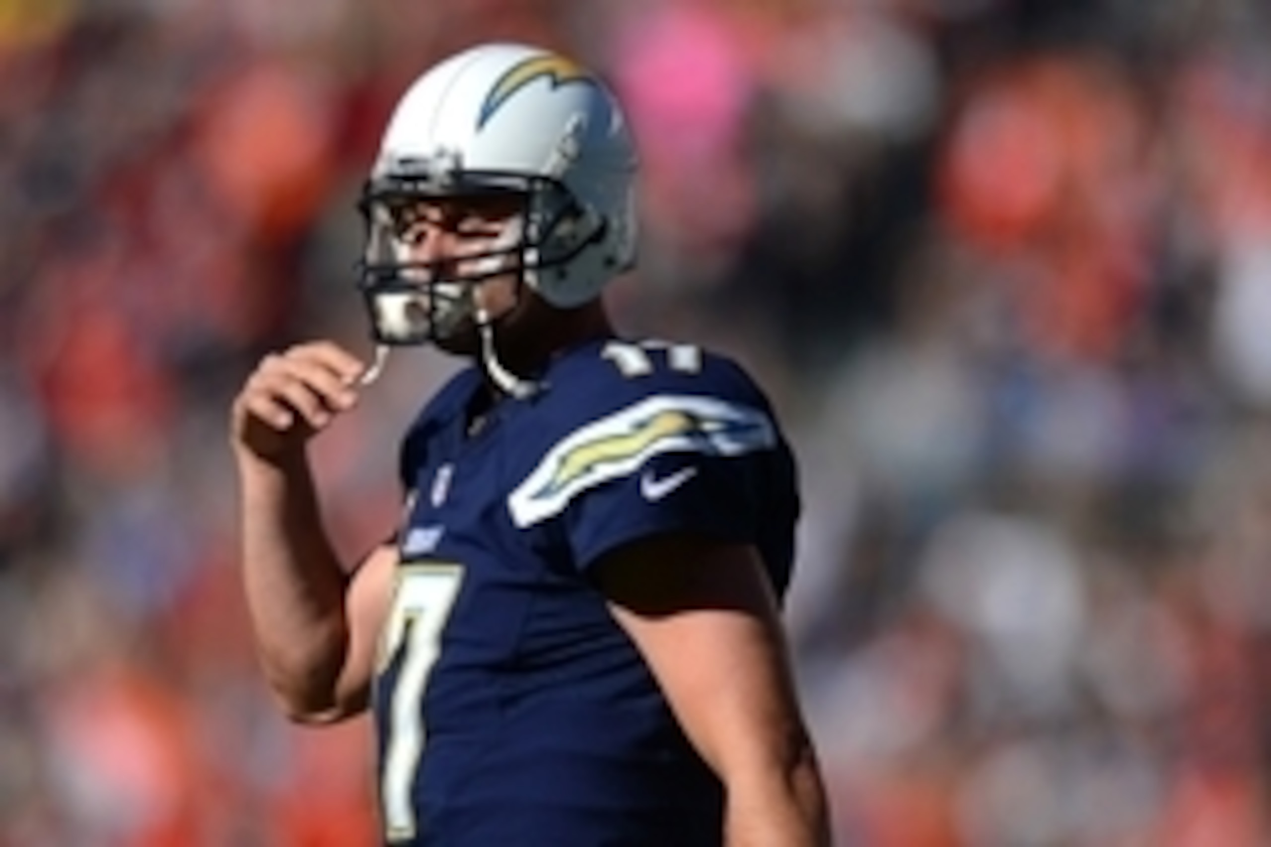 Dec 14, 2014; San Diego, CA, USA; San Diego Chargers quarterback Philip Rivers (17) walks to the sideline during the first quarter against the Denver Broncos at Qualcomm Stadium. Mandatory Credit: Jake Roth-USA TODAY Sports