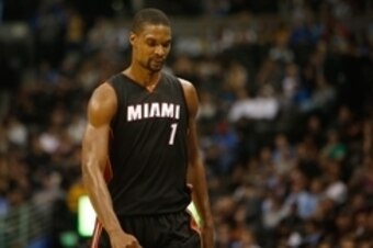 Dec 10, 2014; Denver, CO, USA; Miami Heat center Chris Bosh (1) during the game against the Denver Nuggets at Pepsi Center. Mandatory Credit: Chris Humphreys-USA TODAY Sports