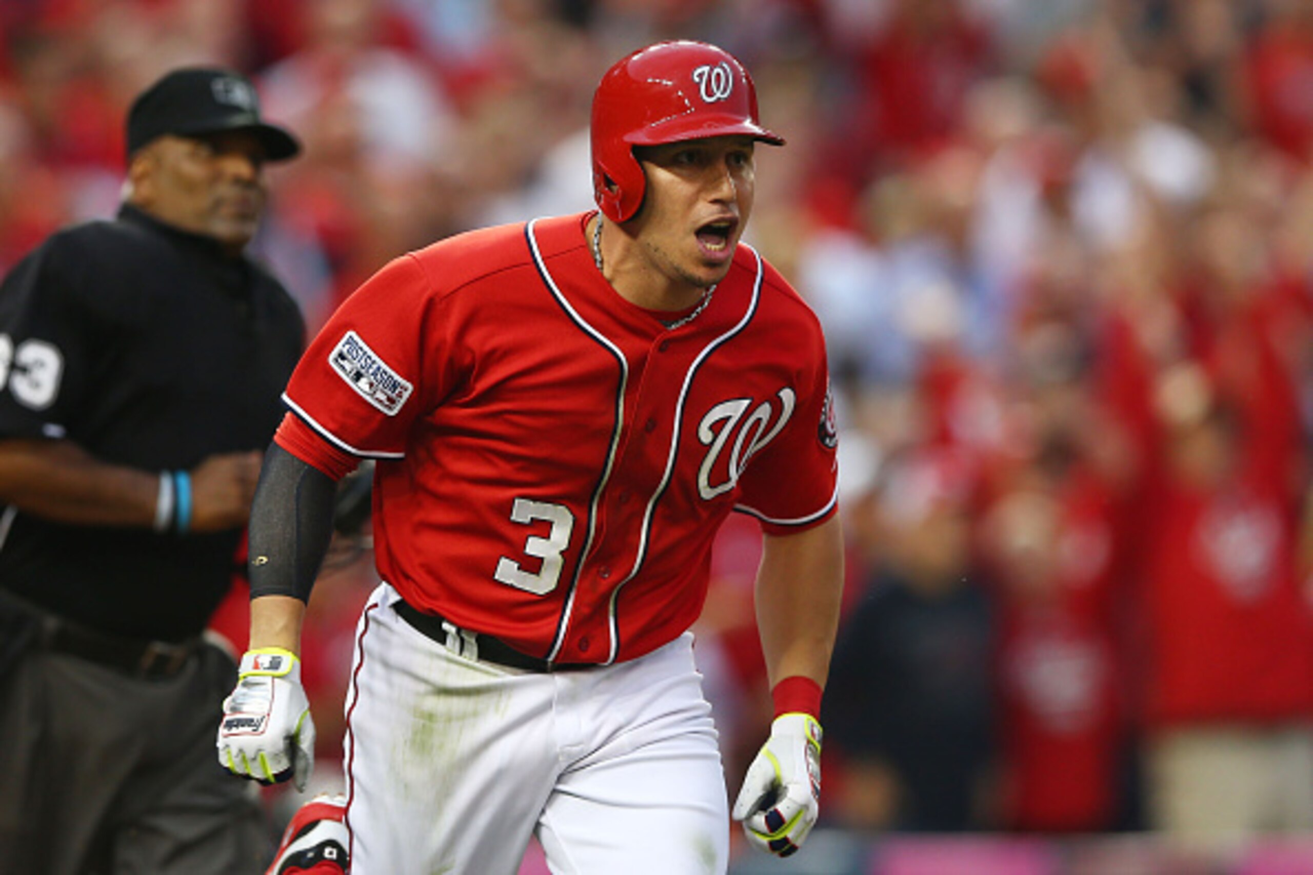 WASHINGTON, DC - OCTOBER 03:  Asdrubal Cabrera #3 of the Washington Nationals reacts to his seventh inning home run during Game One of the National League Division Series against the San Francisco Giants at Nationals Park on October 3, 2014 in Washington,
