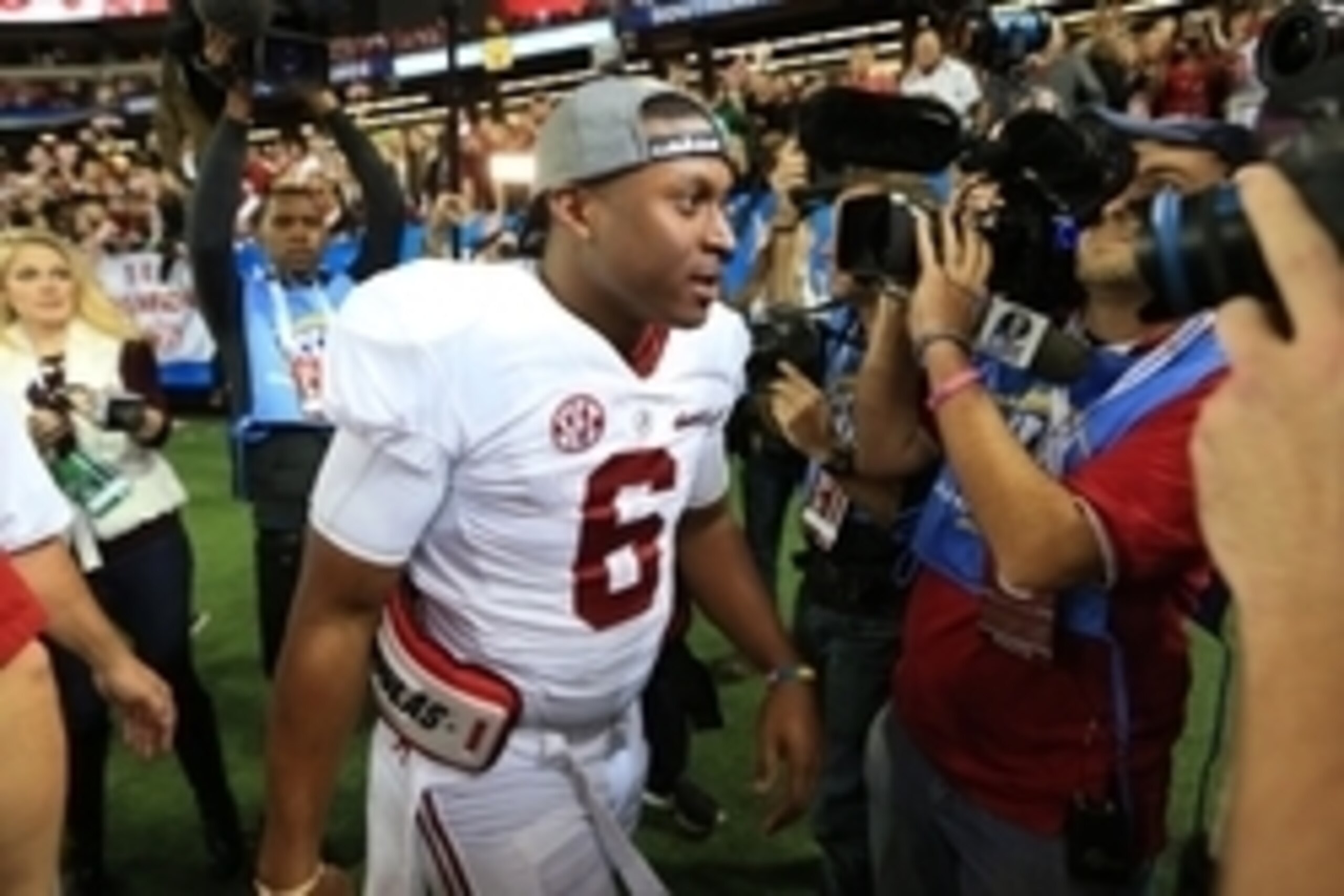 Dec 6, 2014; Atlanta, GA, USA; Alabama Crimson Tide quarterback Blake Sims (6) after defeating the Missouri Tigers 42-13 in the 2014 SEC Championship Game at the Georgia Dome. Mandatory Credit: Kevin Liles-USA TODAY Sports.