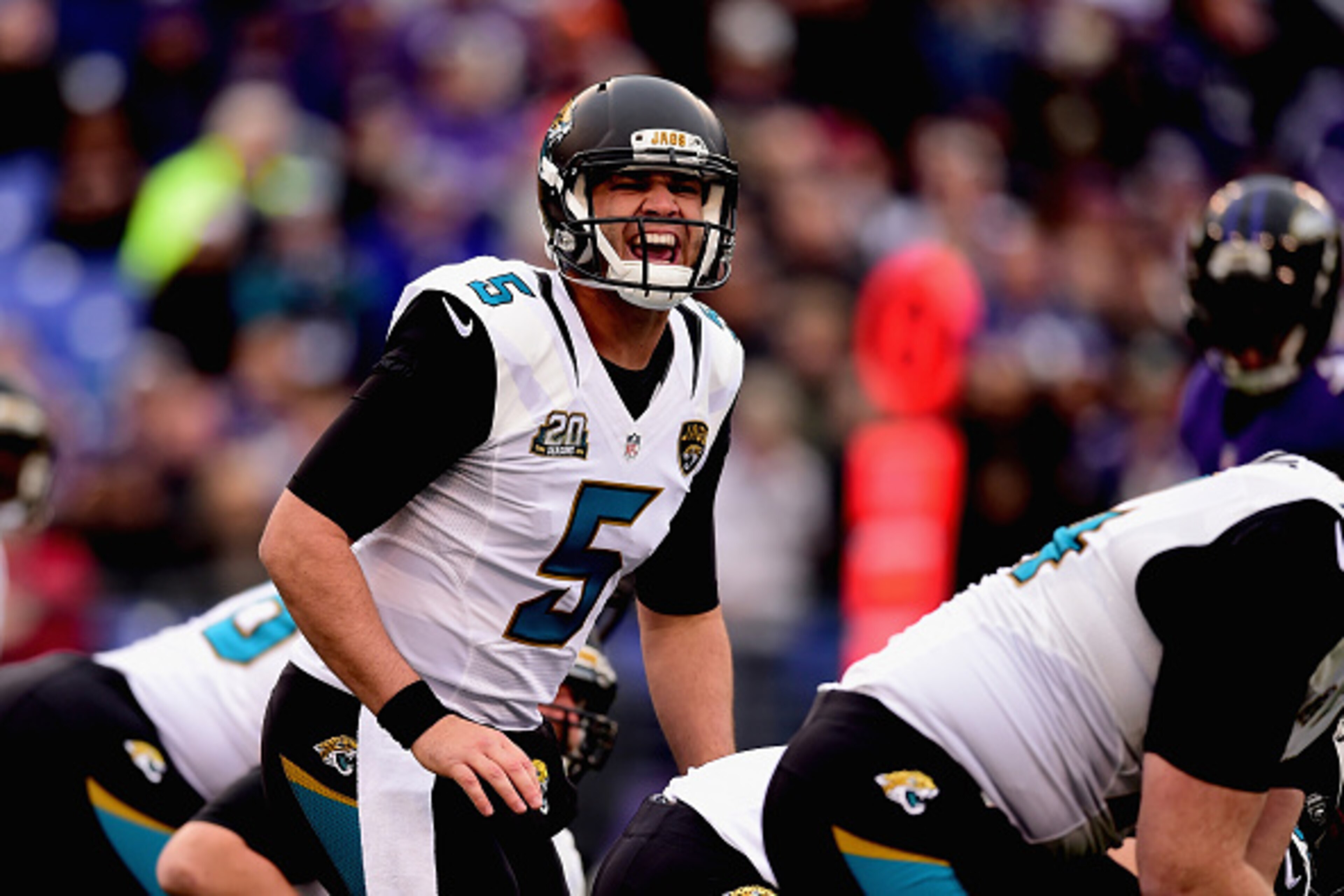 BALTIMORE, MD - DECEMBER 14: Quarterback Blake Bortles #5 of the Jacksonville Jaguars signals before the snap during the first quarter of a game against the Baltimore Ravens at M&T Bank Stadium on December 14, 2014 in Baltimore, Maryland.  (Photo by Patri