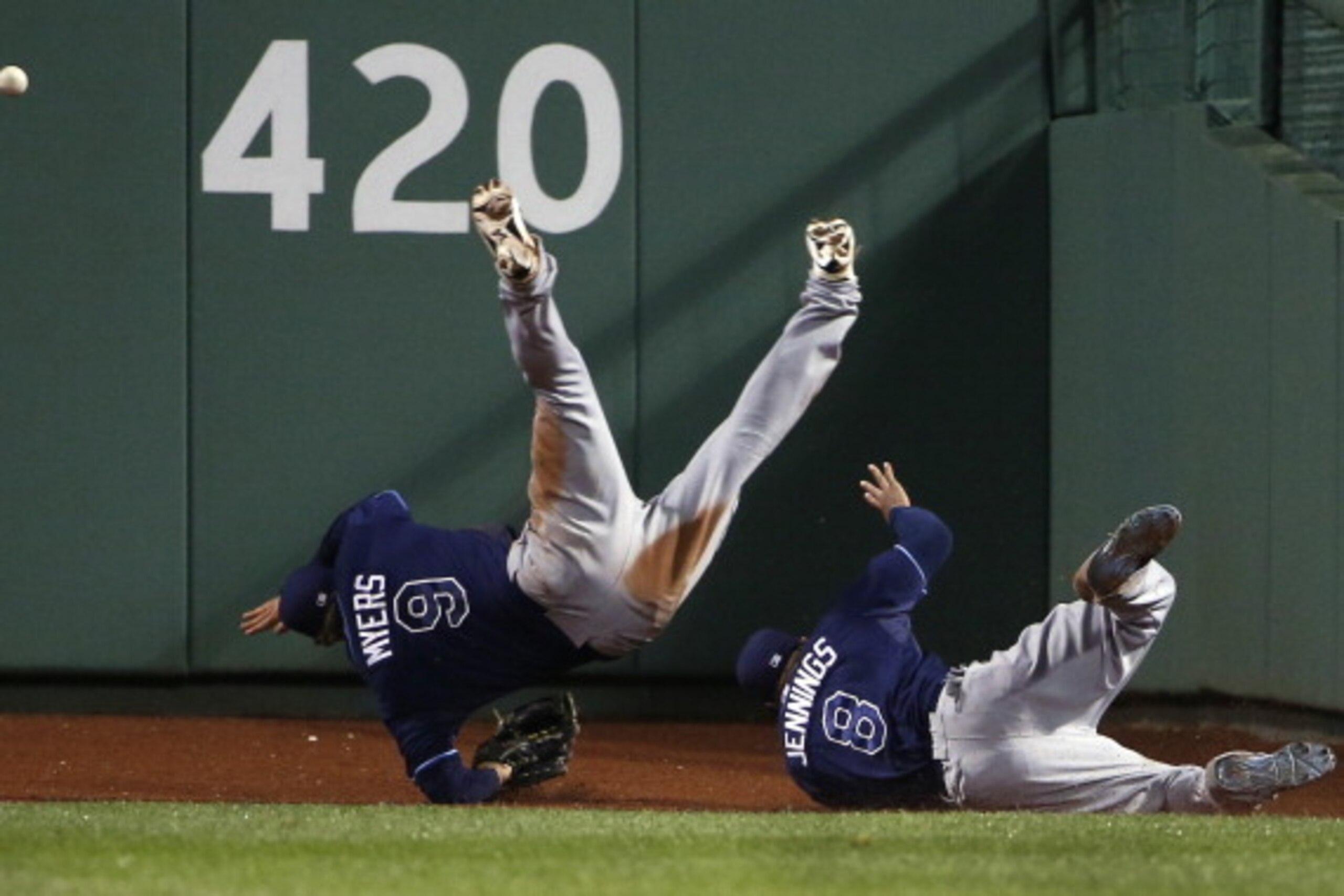 BOSTON, MA - MAY 30:  Wil Myers #9 and Desmond Jennings #8 of the Tampa Bay Rays collide trying to get to the game winning RBI triple off the bat of A.J. Pierzynski #40 of the Boston Red Sox during the tenth inning of their 3-2 win at Fenway Park on May 3