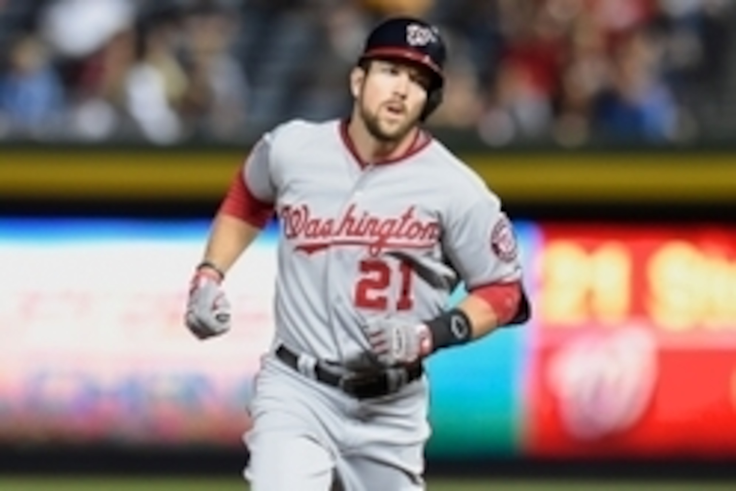 Sep 17, 2014; Atlanta, GA, USA; Washington Nationals left fielder Steven Souza (21) rounds the bases after hitting a home run against the Atlanta Braves during the fifth inning at Turner Field. The Braves defeated the Nationals 3-1. Mandatory Credit: Dale