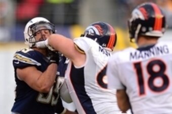 Dec 14, 2014; San Diego, CA, USA; San Diego Chargers inside linebacker Andrew Gachkar (59) works against Denver Broncos center Will Montgomery (64) as quarterback Peyton Manning (18) drops back to pass during the fourth quarter at Qualcomm Stadium. Mandat