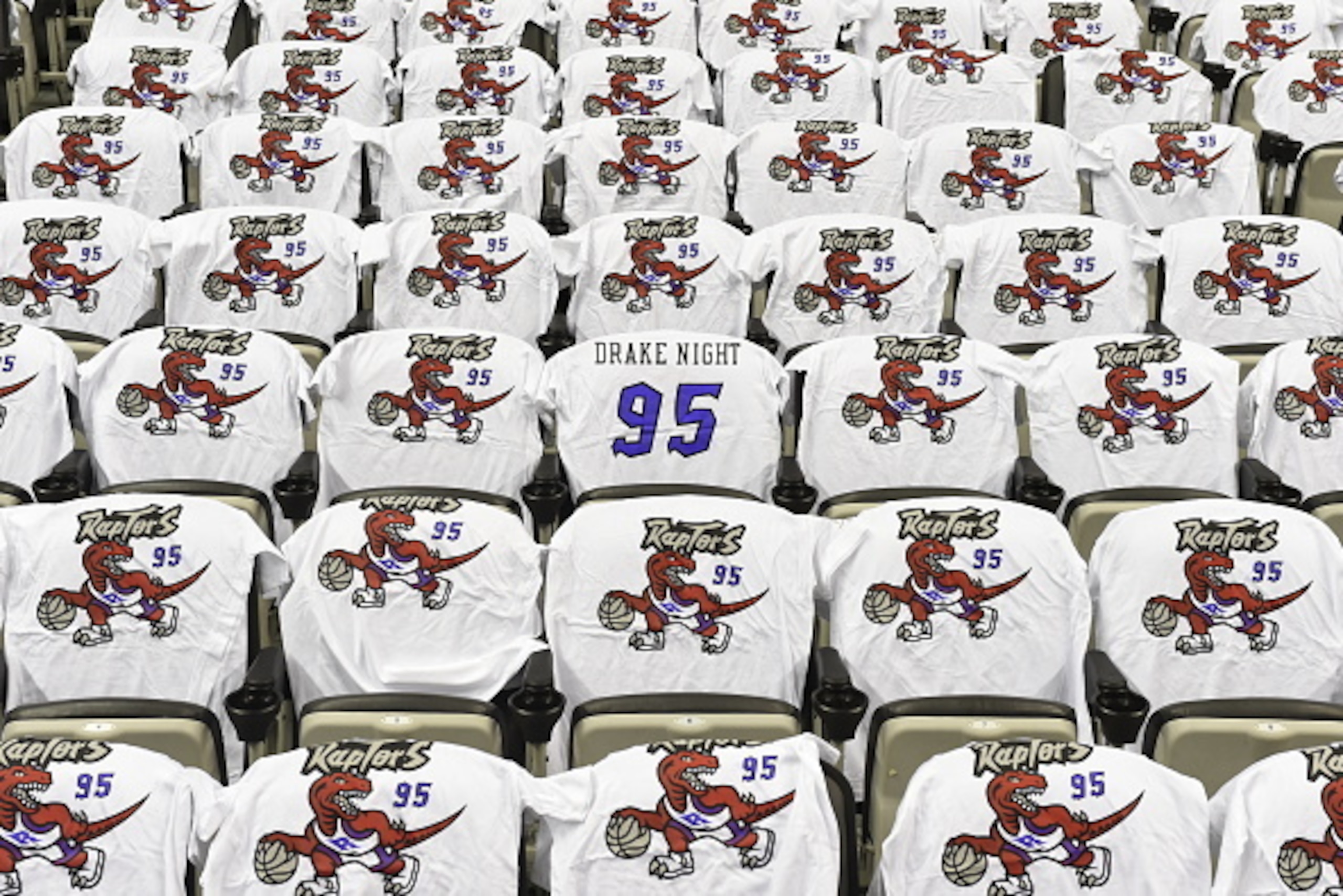 TORONTO, CANADA - DECEMBER 17:  Souvenir t-shirts cover the seats before the game between the Brooklyn Nets and the Toronto Raptors on December 17, 2014 at the Air Canada Centre in Toronto, Ontario, Canada.  NOTE TO USER: User expressly acknowledges and a