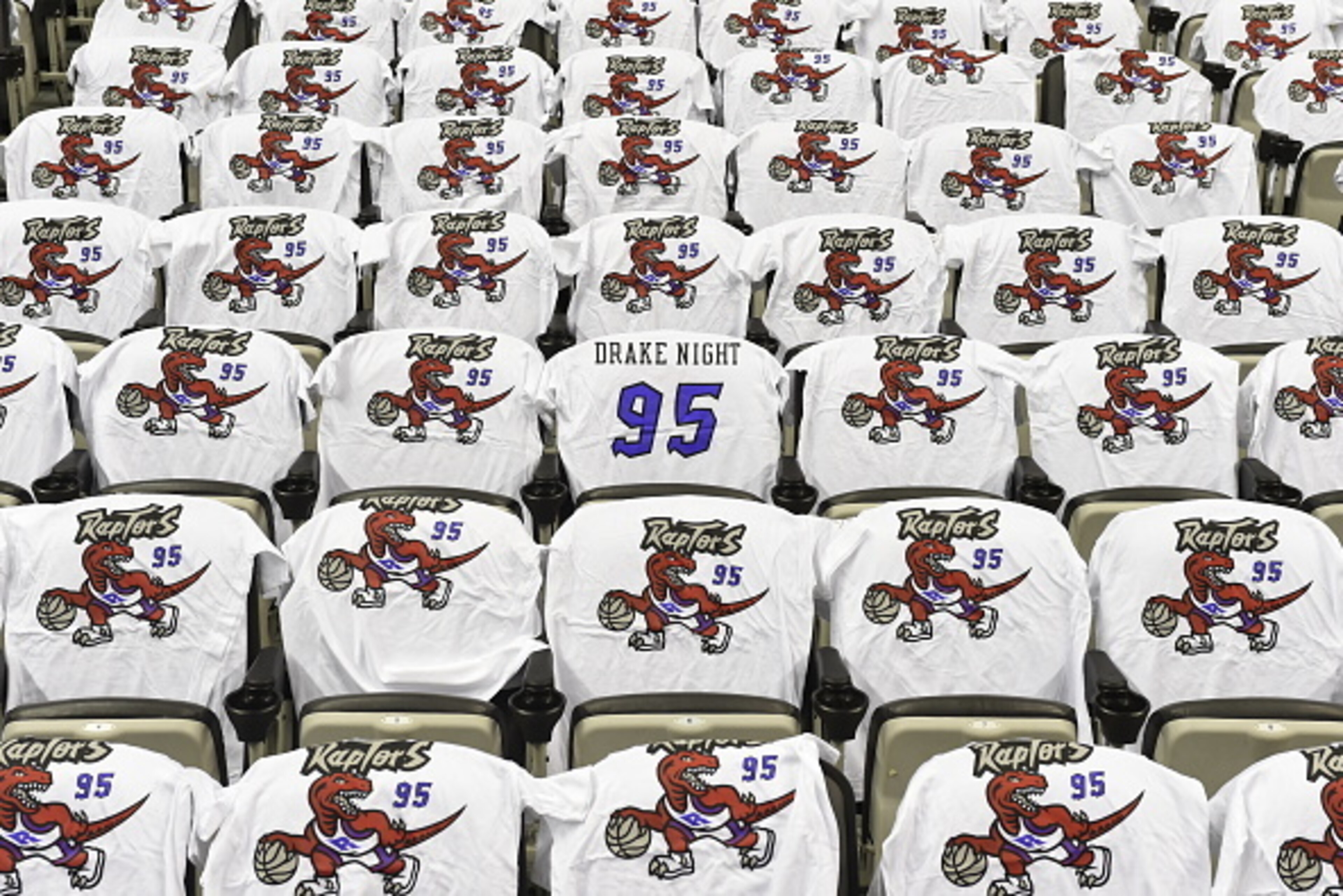 TORONTO, CANADA - DECEMBER 17:  Souvenir t-shirts cover the seats before the game between the Brooklyn Nets and the Toronto Raptors on December 17, 2014 at the Air Canada Centre in Toronto, Ontario, Canada.  NOTE TO USER: User expressly acknowledges and a
