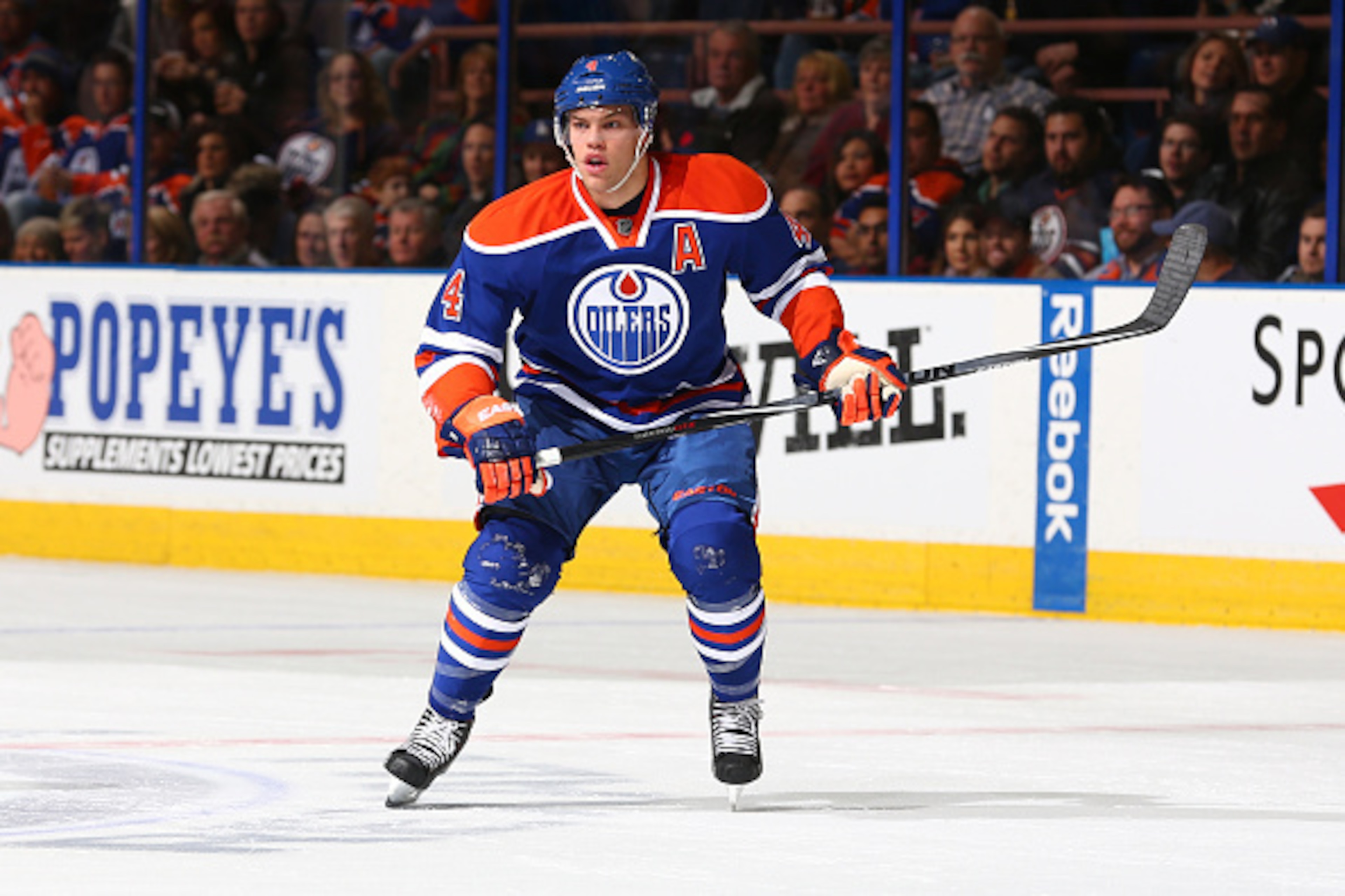 EDMONTON, AB - DECEMBER 14: Taylor Hall #4 of the Edmonton Oilers skates during the game against the New York Rangers on December 14, 2014 at Rexall Place in Edmonton, Alberta, Canada. (Photo by Marko Ditkun/NHLI via Getty Images)