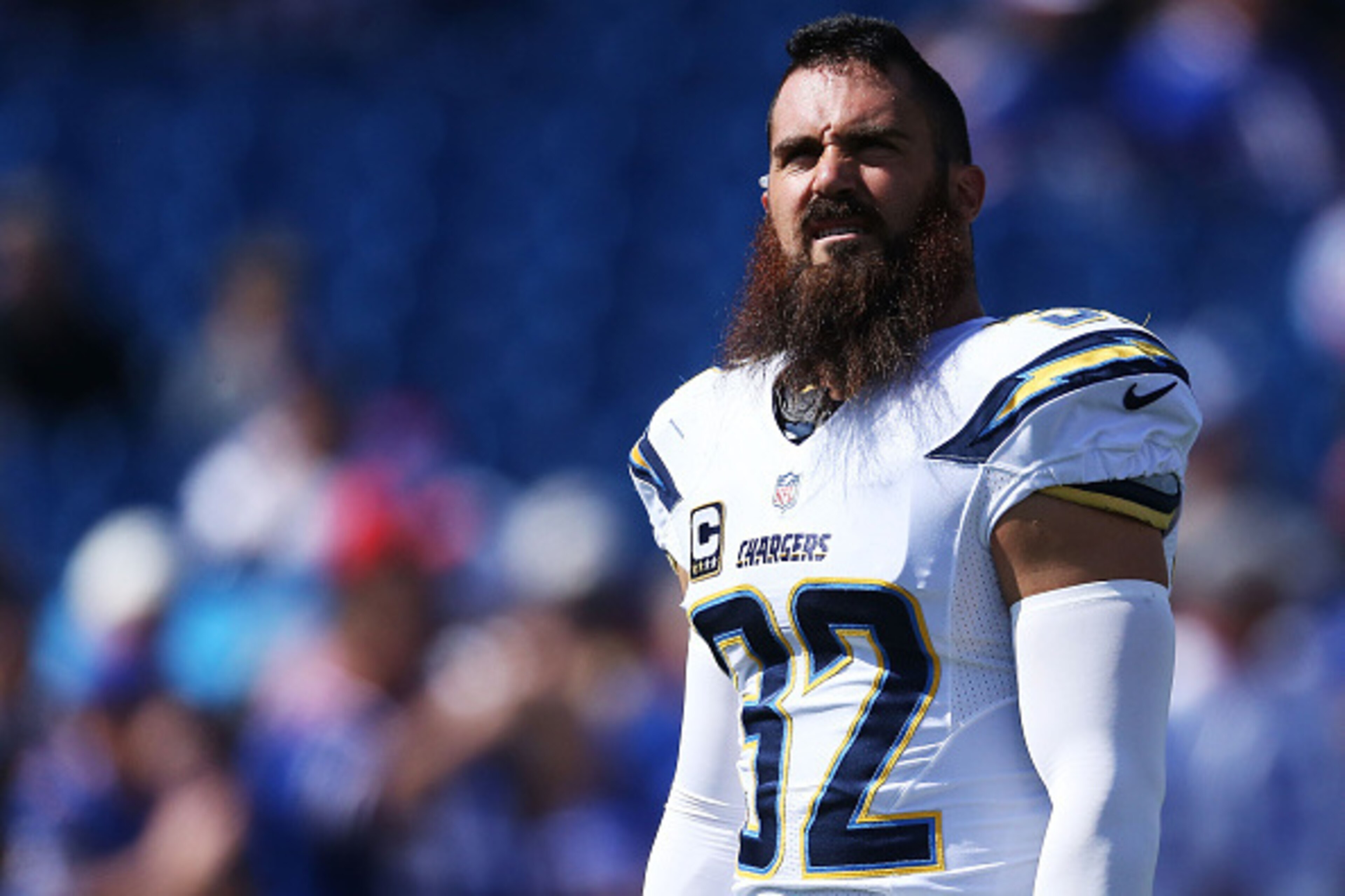 ORCHARD PARK, NY - SEPTEMBER 21:   Eric Weddle #32 of the San Diego Chargers warms up before the game against the Buffalo Bills at Ralph Wilson Stadium on September 21, 2014 in Orchard Park, New York.  (Photo by Tom Szczerbowski/Getty Images)