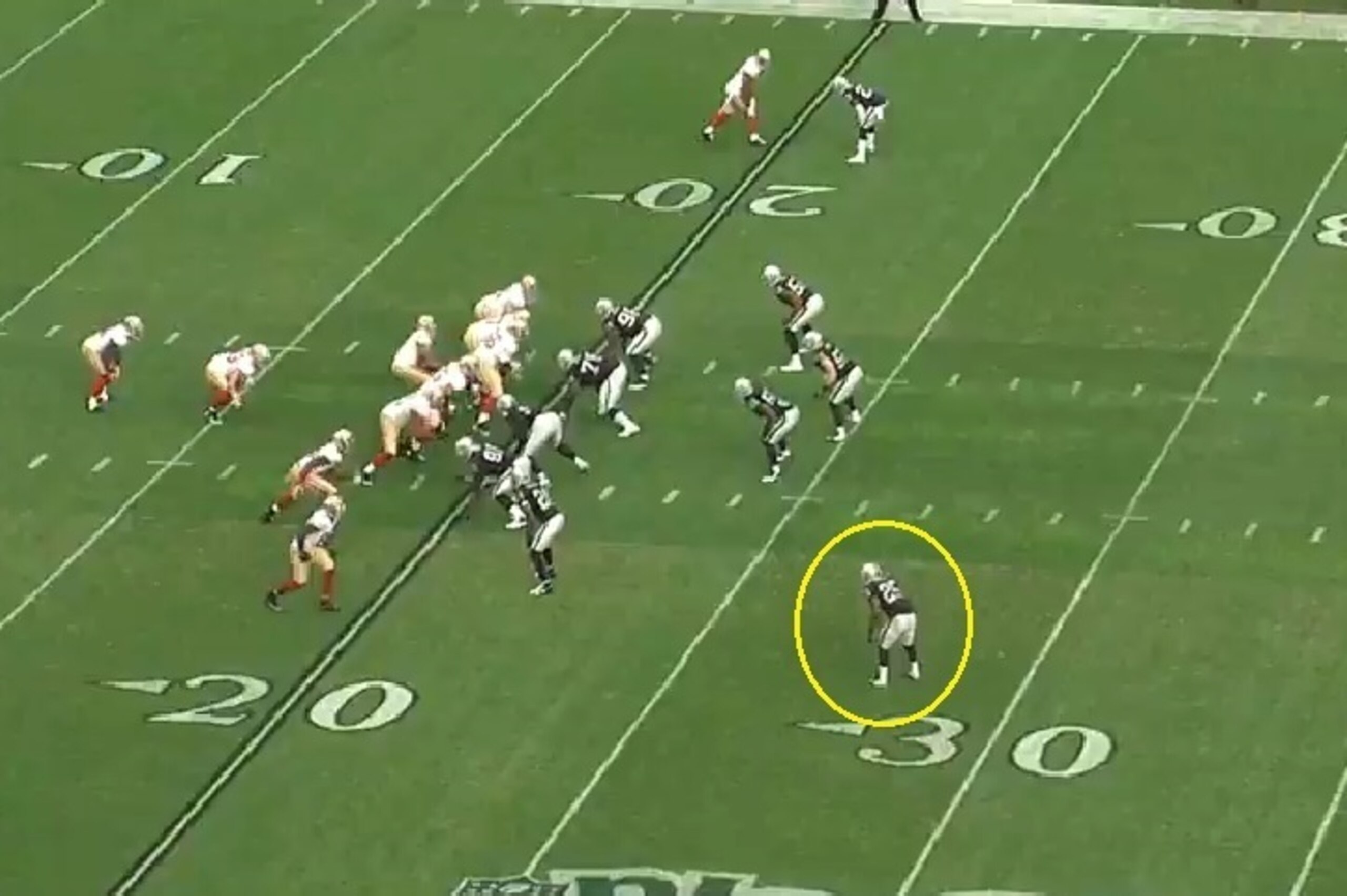 The 49ers are tightly packed to the line of scrimmage, making the run a distinct possibility. Not pictured: the Raiders' deep safety at the 40-yard line.