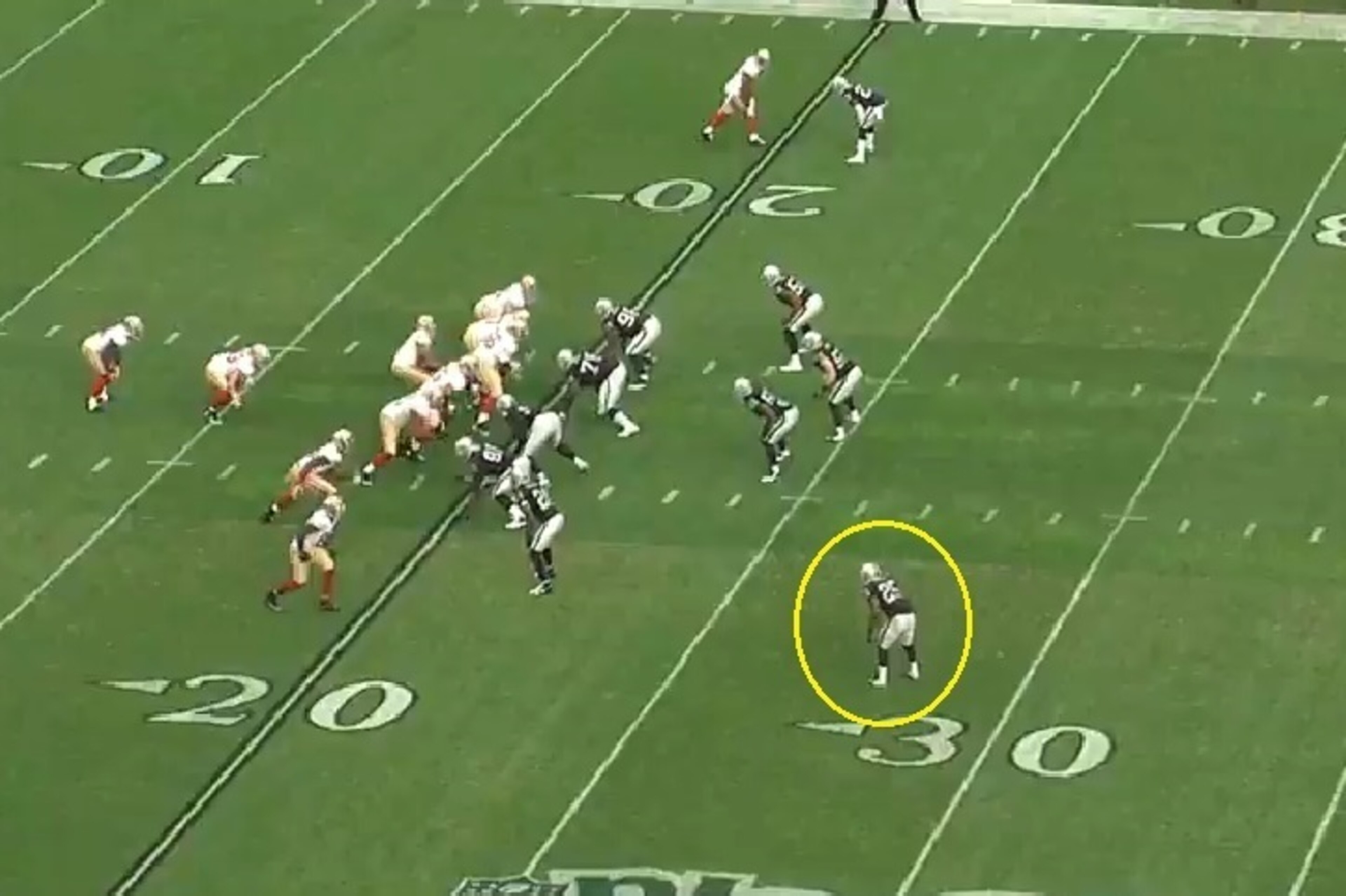The 49ers are tightly packed to the line of scrimmage, making the run a distinct possibility. Not pictured: the Raiders' deep safety at the 40-yard line.